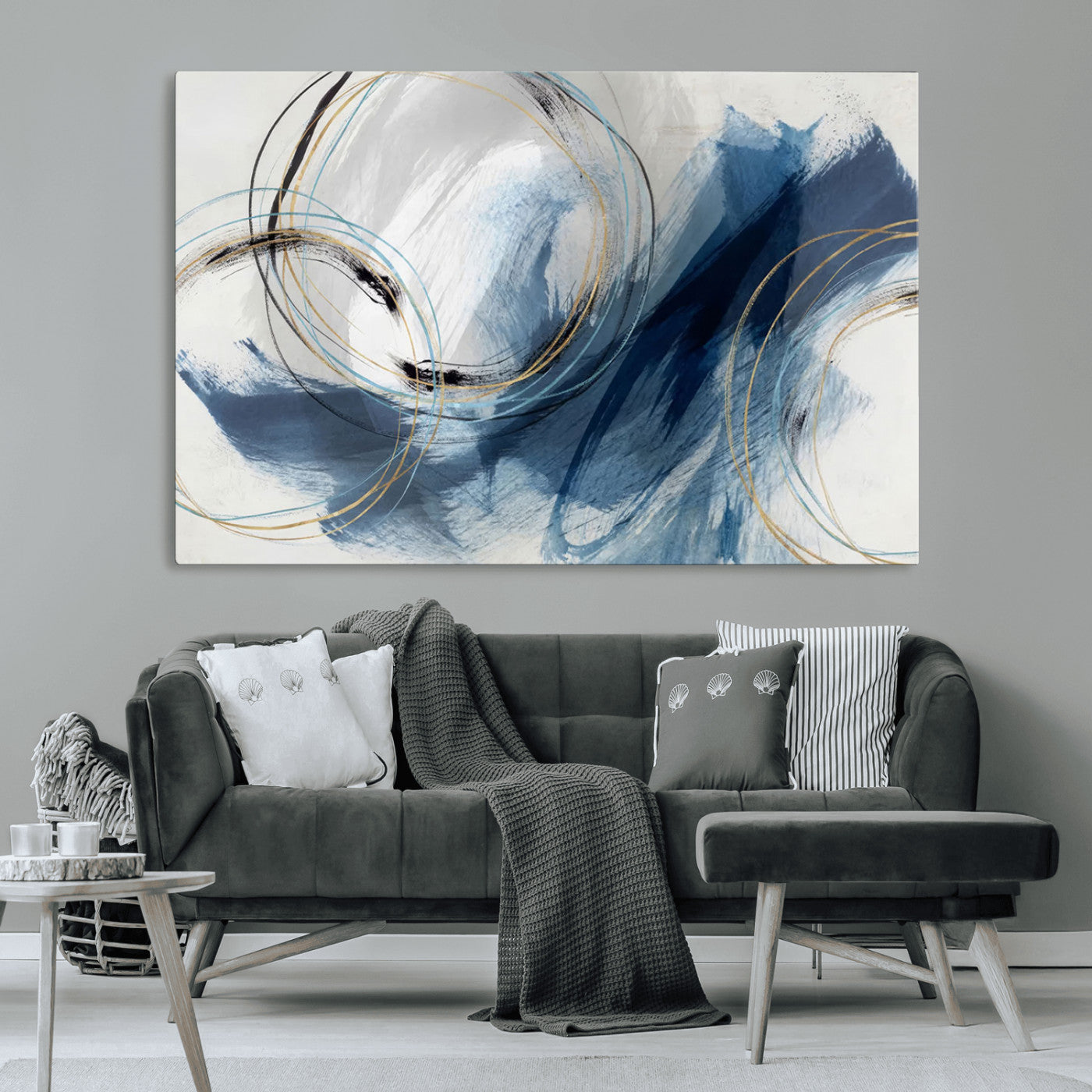 49589477-MGV-CV-36X24-Blue Abstract Wall Art – Modern Circle Canvas Print with Gold and Black Accents, Contemporary Fluid Brushstroke Painting for
