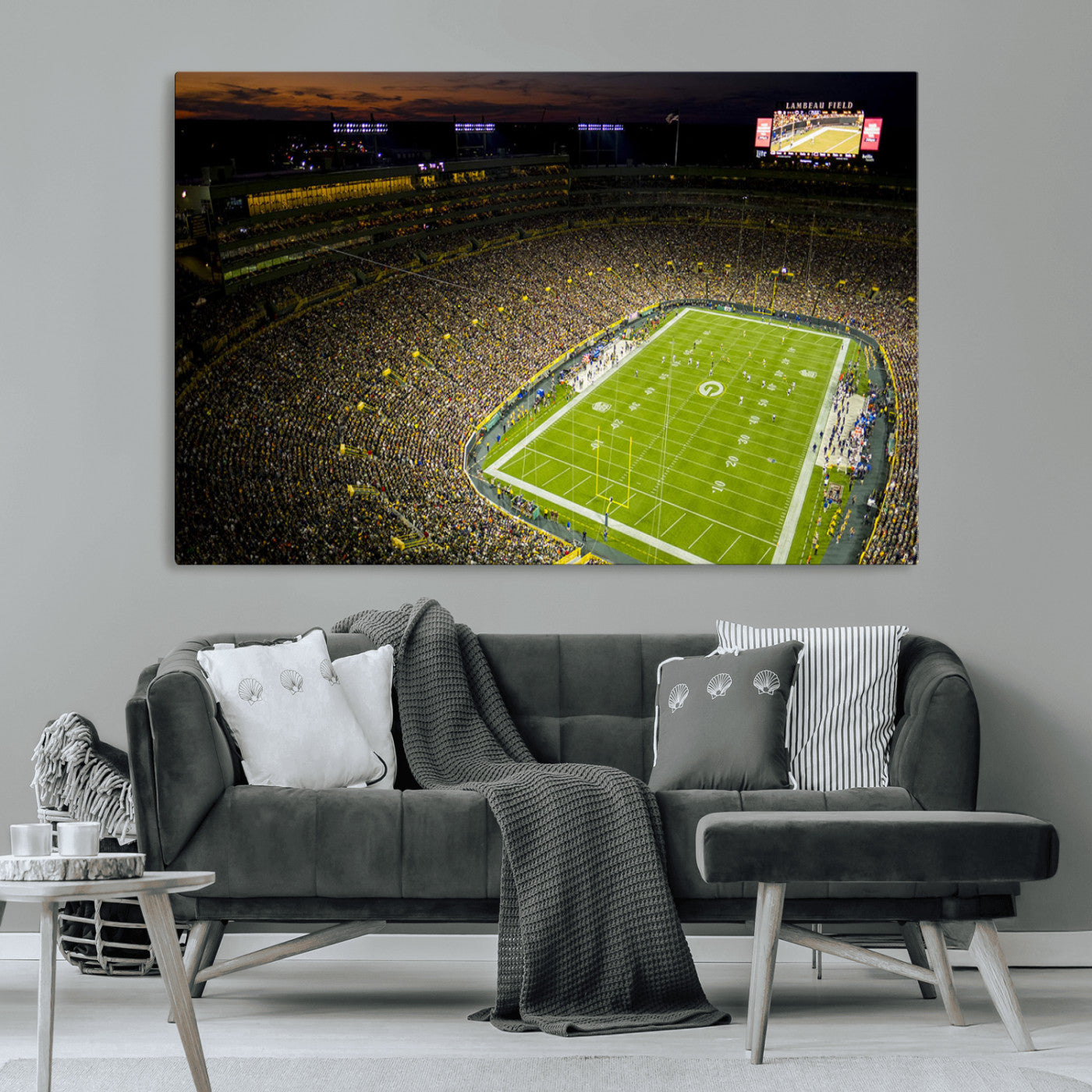 23655234-MGV-CV-36X24-Lambeau Field Stadium Wall Art – American Football Night Game Canvas Print with Packed Crowd and Lights – Sports Decor for Man