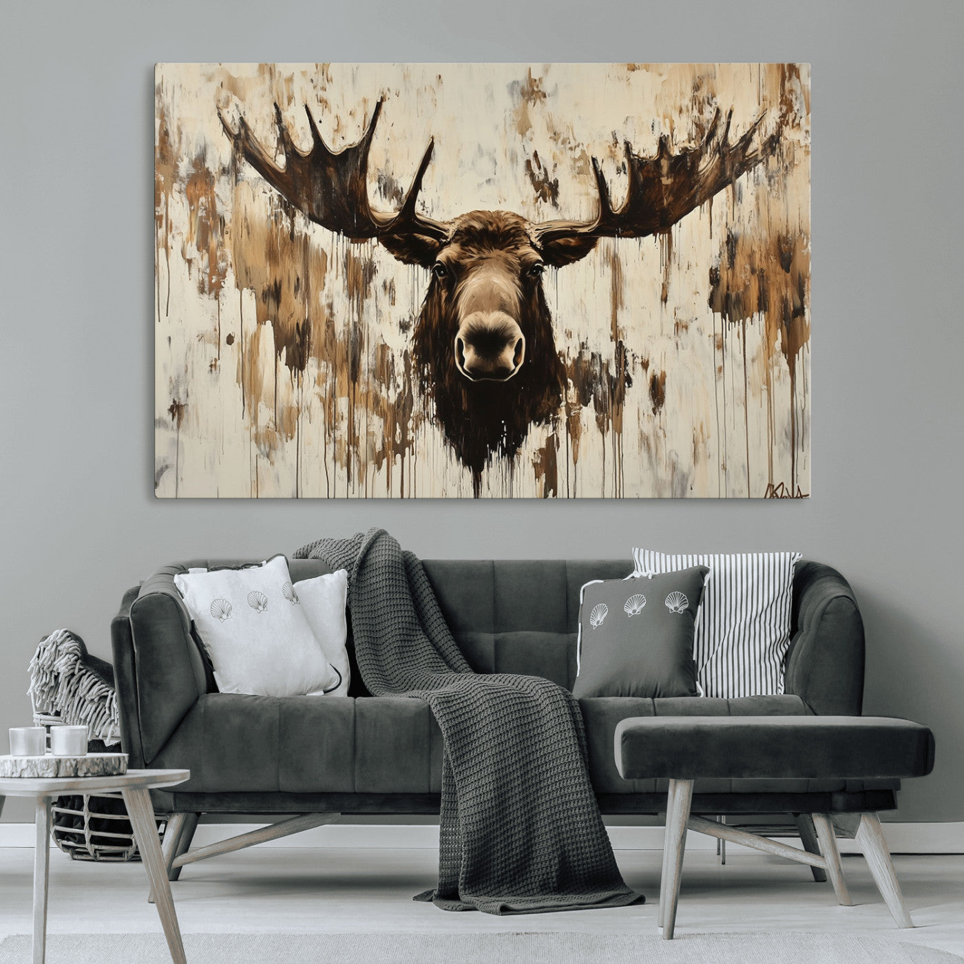 34496536-MGV-CV-36X24-Rustic Moose Wall Art – Modern Abstract Animal Canvas Print – Majestic Moose Head Painting with Neutral Earth Tones for Cabin,