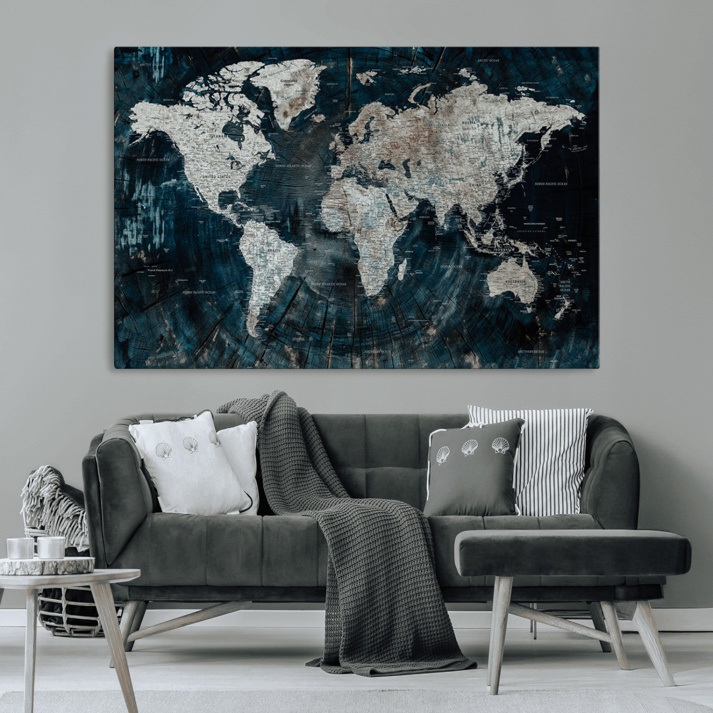 34425609-MGV-CV-36X24-World Map Wall Art – Rustic Navy and Grey Atlas Canvas Print, Distressed Explorer Map Artwork, Industrial Style Decor for Office,