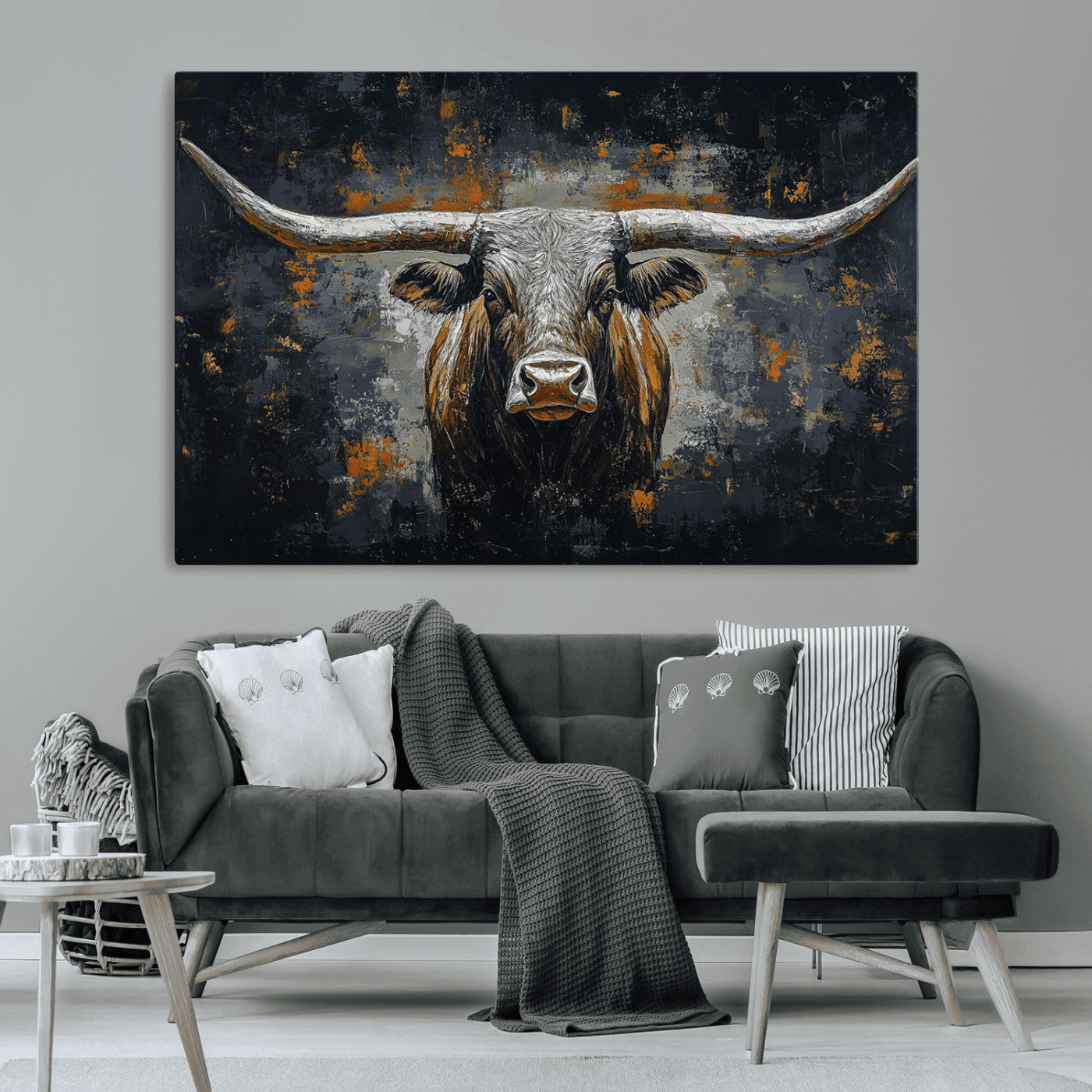 93195031-MGV-CV-36X24-Dark Longhorn Bull Wall Art – Western Steer Canvas Print, Moody Rustic Animal Painting for Man Cave, Ranch House, Office or Modern