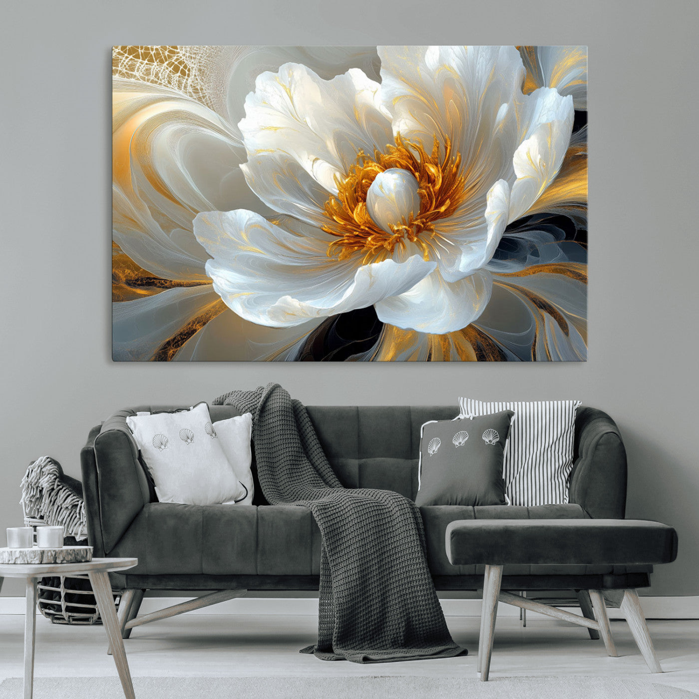 39604126-MGV-CV-36X24-Abstract Flower Wall Art – Elegant White and Gold Bloom Canvas Print, Modern Floral Artwork for Bedroom, Living Room, or Office