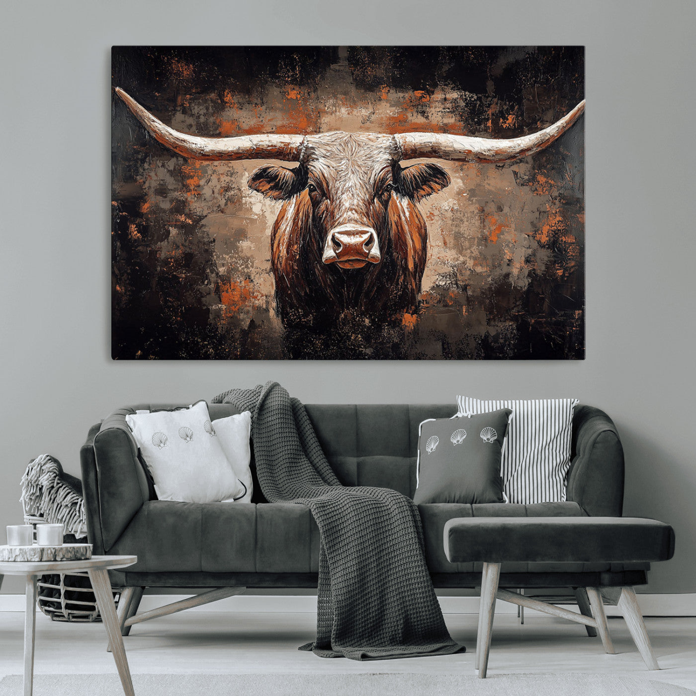 24779067-MGV-CV-36X24-Longhorn Bull Wall Art – Western Rustic Canvas Print, Bold Cowboy Cattle Painting for Ranch House, Farmhouse, Office, or Living