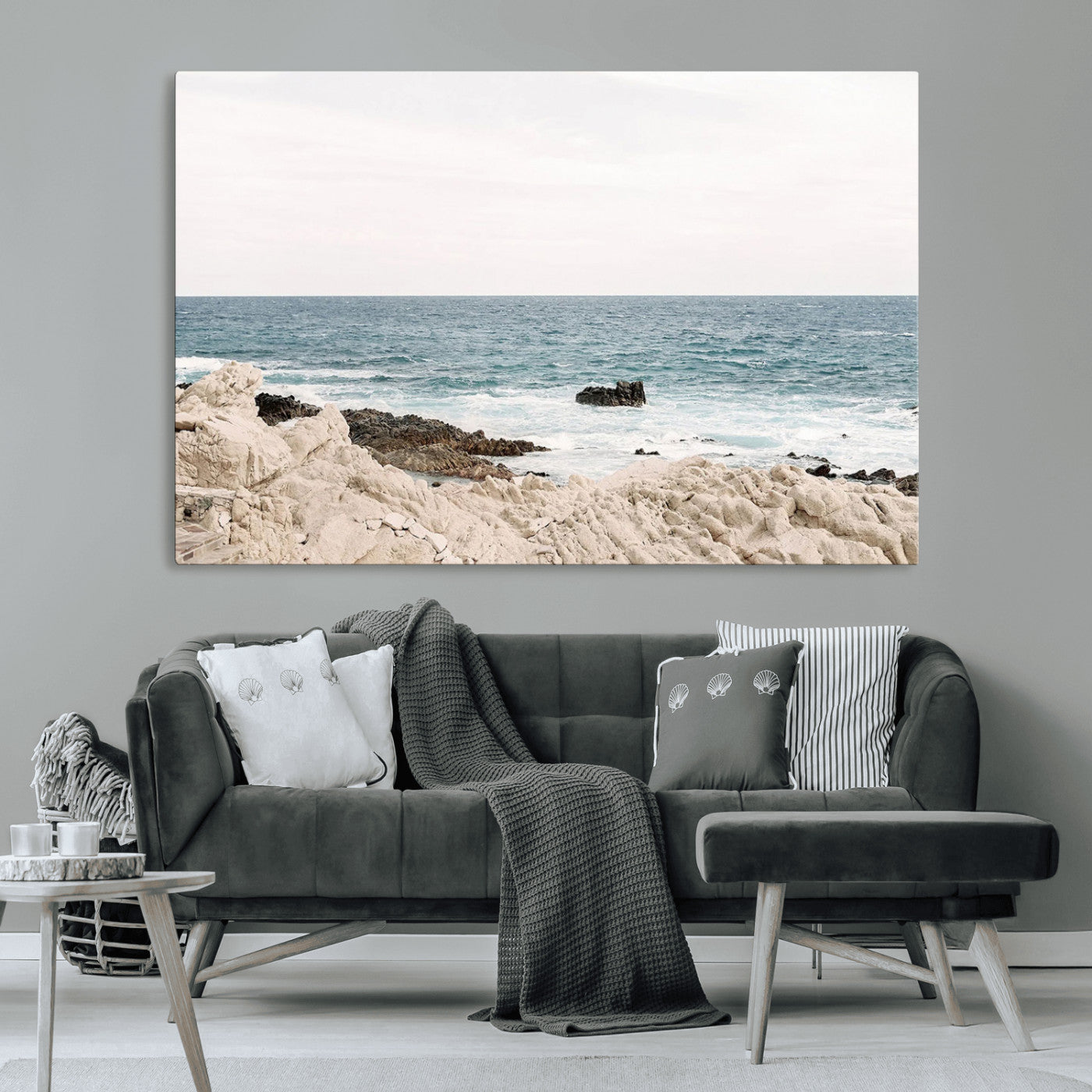 25481980-MGV-CV-36X24-Ocean Coastal Wall Art – Rocky Shoreline and Waves Canvas Print, Serene Beach Landscape Decor for Living Room, Bedroom, or Office