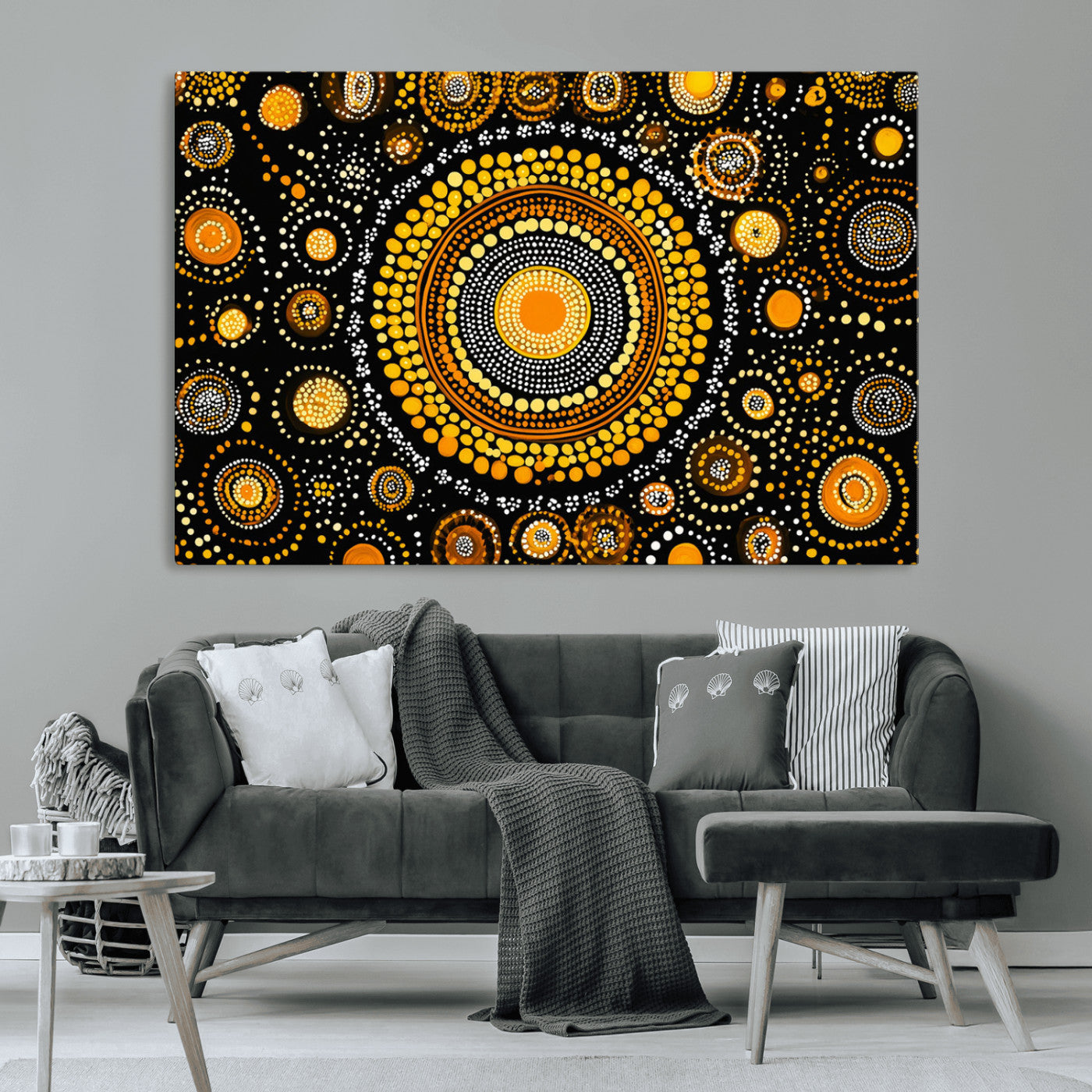 45478523-MGV-CV-36X24-Abstract Circle Wall Art – Bold Black and Gold Dot Painting Canvas Print, Modern Geometric Mandala Style Decor for Living Room or
