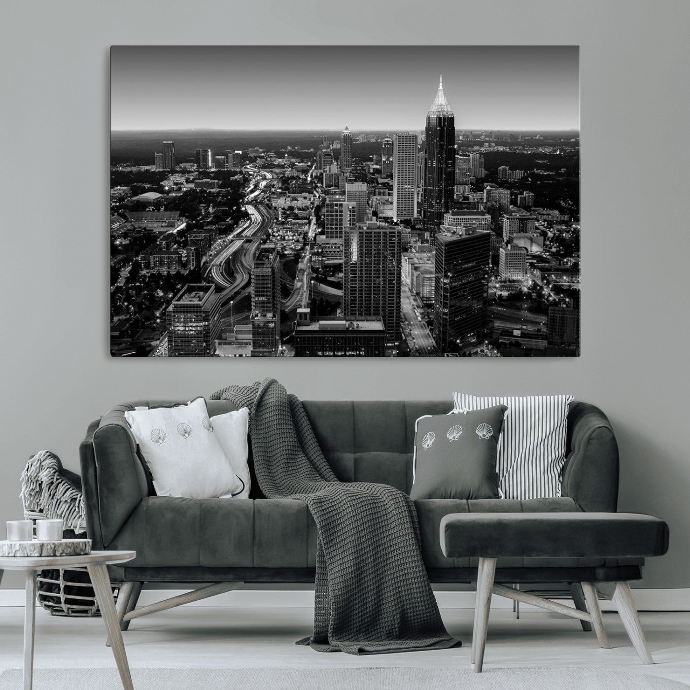 46578567-MGV-CV-36X24-Atlanta Skyline Wall Art – Black and White Cityscape Canvas Print, Modern Urban Night Decor for Office, Living Room, or Apartment