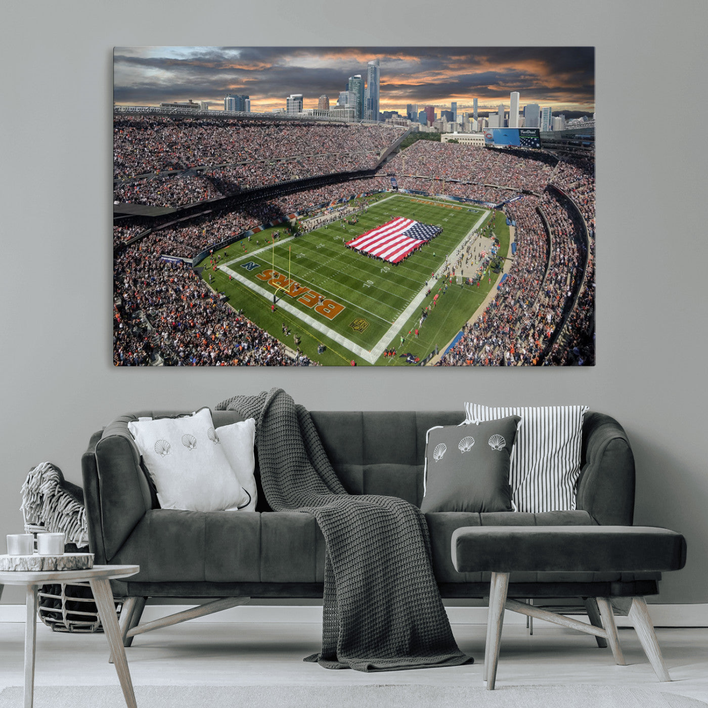 98106777-MGV-CV-36X24-Soldier Field Wall Art – Chicago Bears Stadium Canvas Print with American Flag, Game Day Football Decor for Man Cave, Bar, or