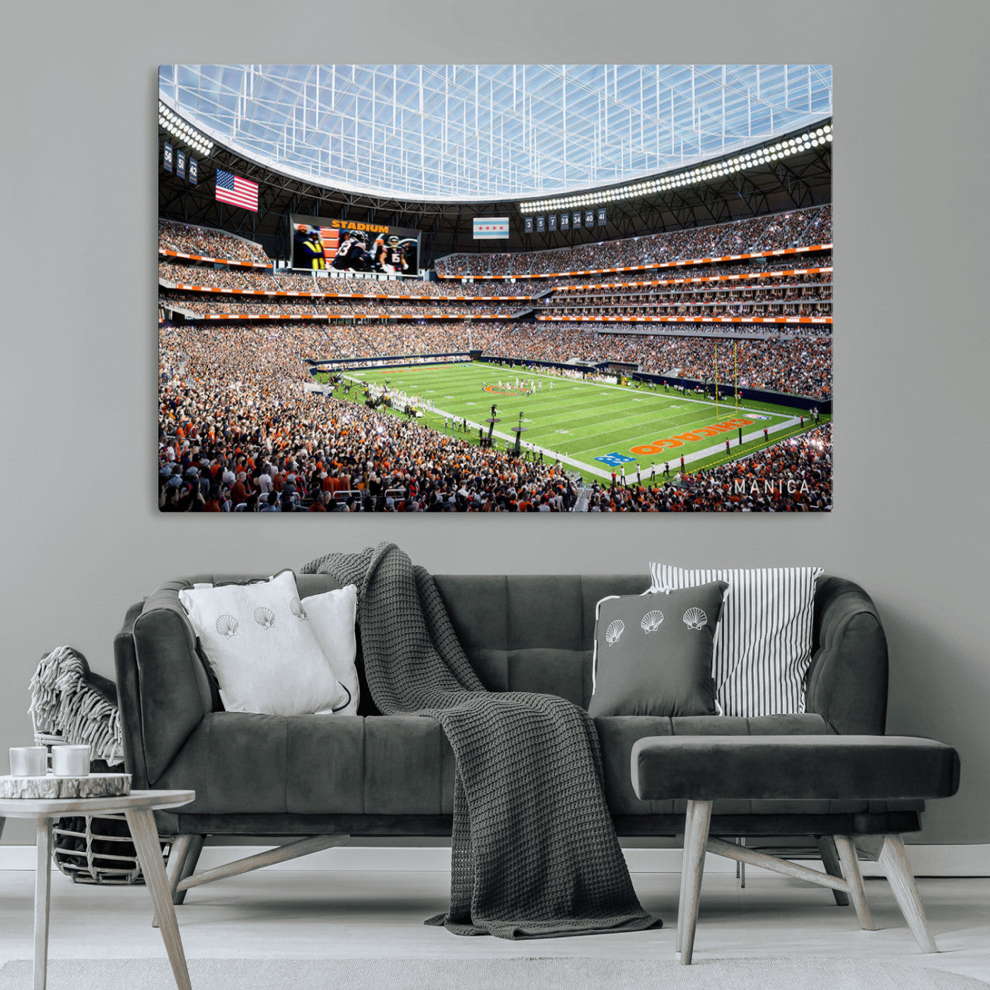 32530647-MGV-CV-36X24-Chicago Bears Stadium Wall Art – Futuristic Dome Arena Canvas Print, Modern Football Concept Design Decor for Man Cave, Bar, or