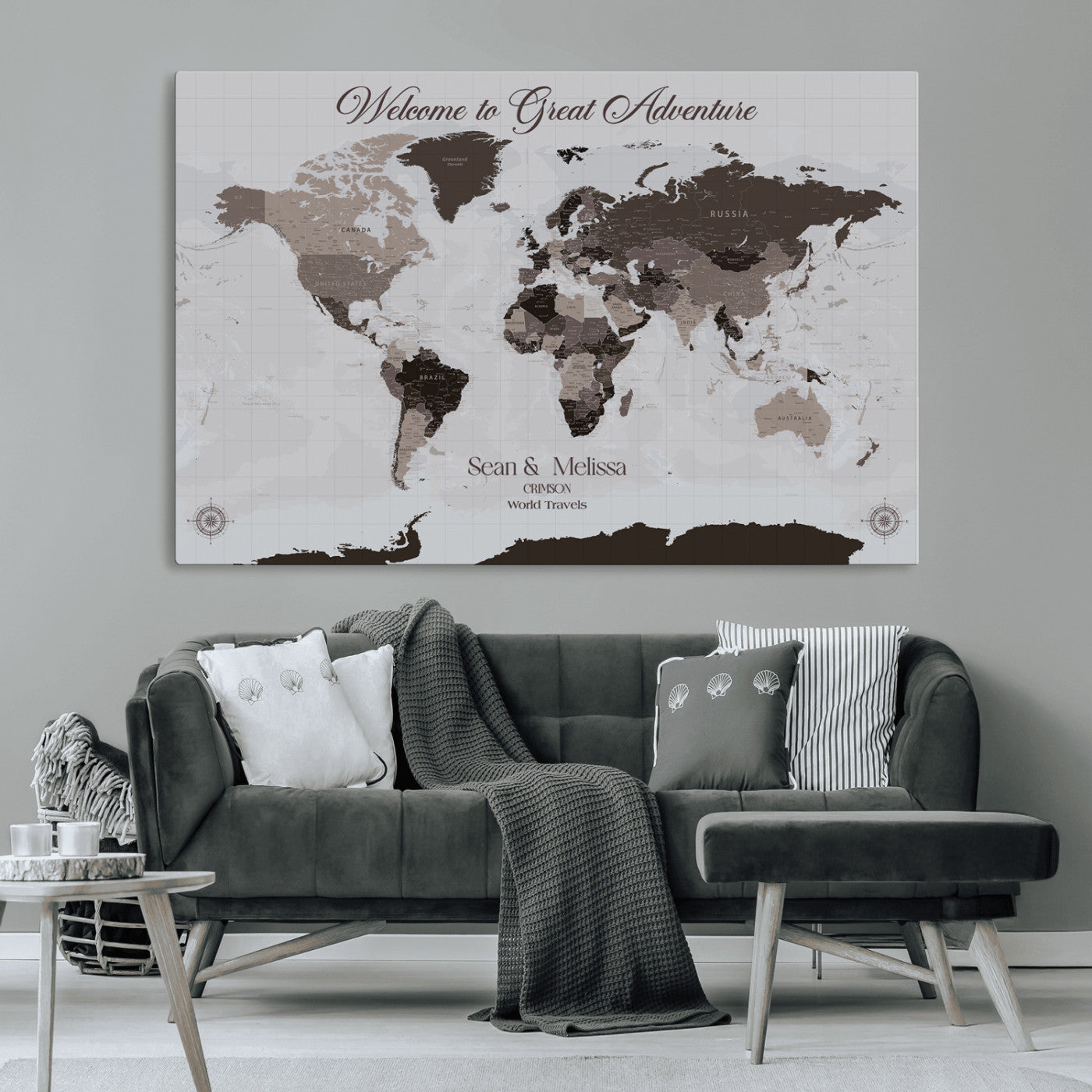 43749658-MGV-CV-36X24-Welcome to Great Adventure World Map Wall Art – Charcoal Gray Canvas Print, Rustic Travel Decor for Living Room, Study, Office or
