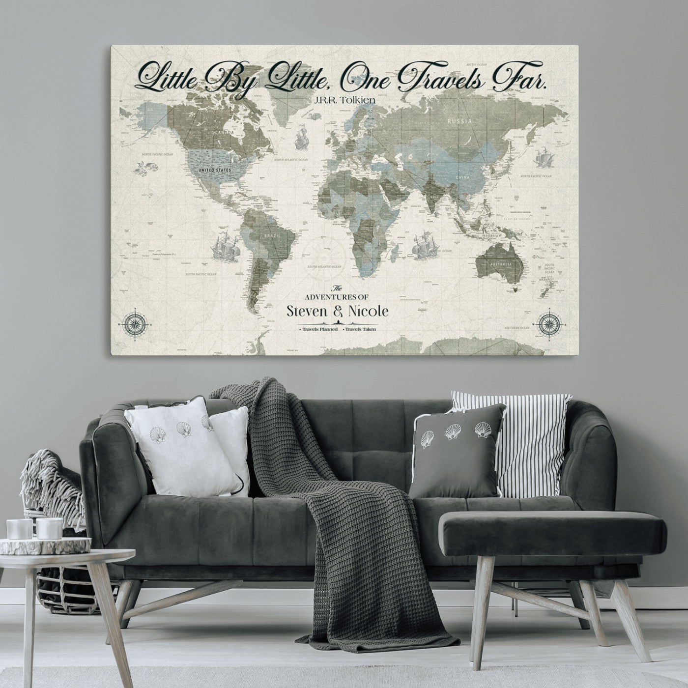 10693204-MGV-CV-36X24-Little By Little One Travels Far Tolkien Quote Blue Green World Map Adventure Wall Art Canvas Print Rustic Wanderlust Travel Decor