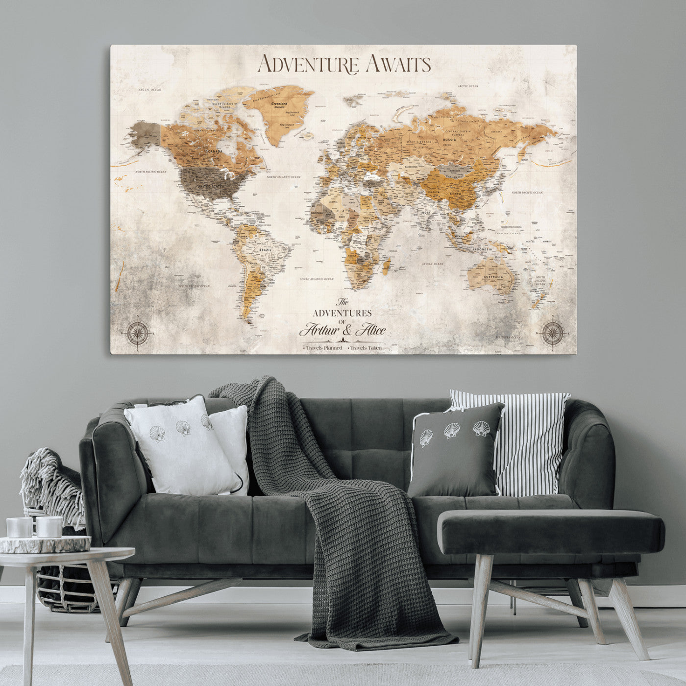 99422096-MGV-CV-36X24-Adventure Awaits World Map Wall Art – Neutral Beige Canvas Print, Modern Travel Inspired Wall Decor for Living Room, Bedroom or