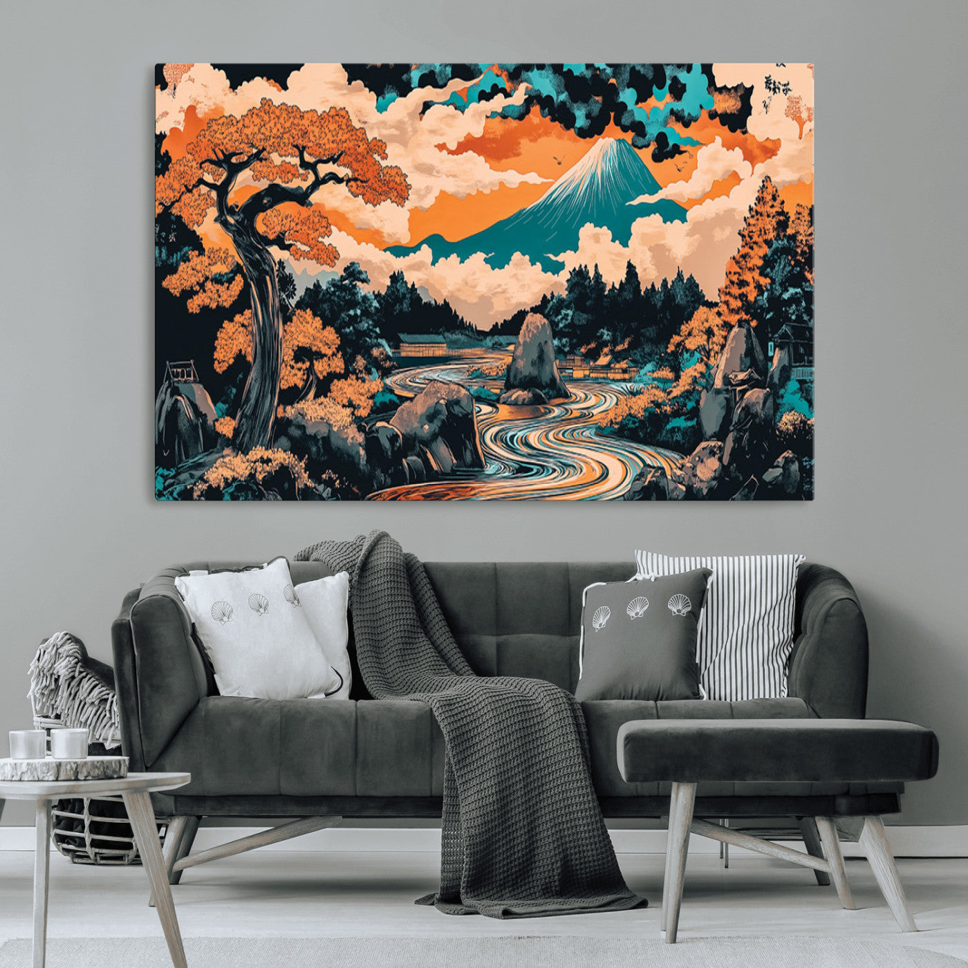 21638941-MGV-CV-36X24-Japanese Landscape Wall Art – Mount Fuji and Flowing River Ukiyo-e Style Canvas Print, Traditional Japan Inspired Artwork for
