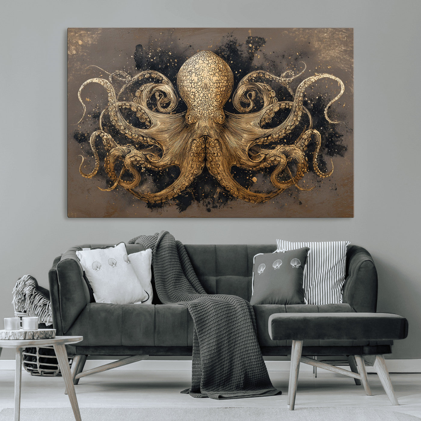 21717515-MGV-CV-36X24-Octopus Canvas Wall Art – Marine Illustration, Detailed Tentacles, Oceanic Creature, Nautical Decor, Vintage Style Sea Life for