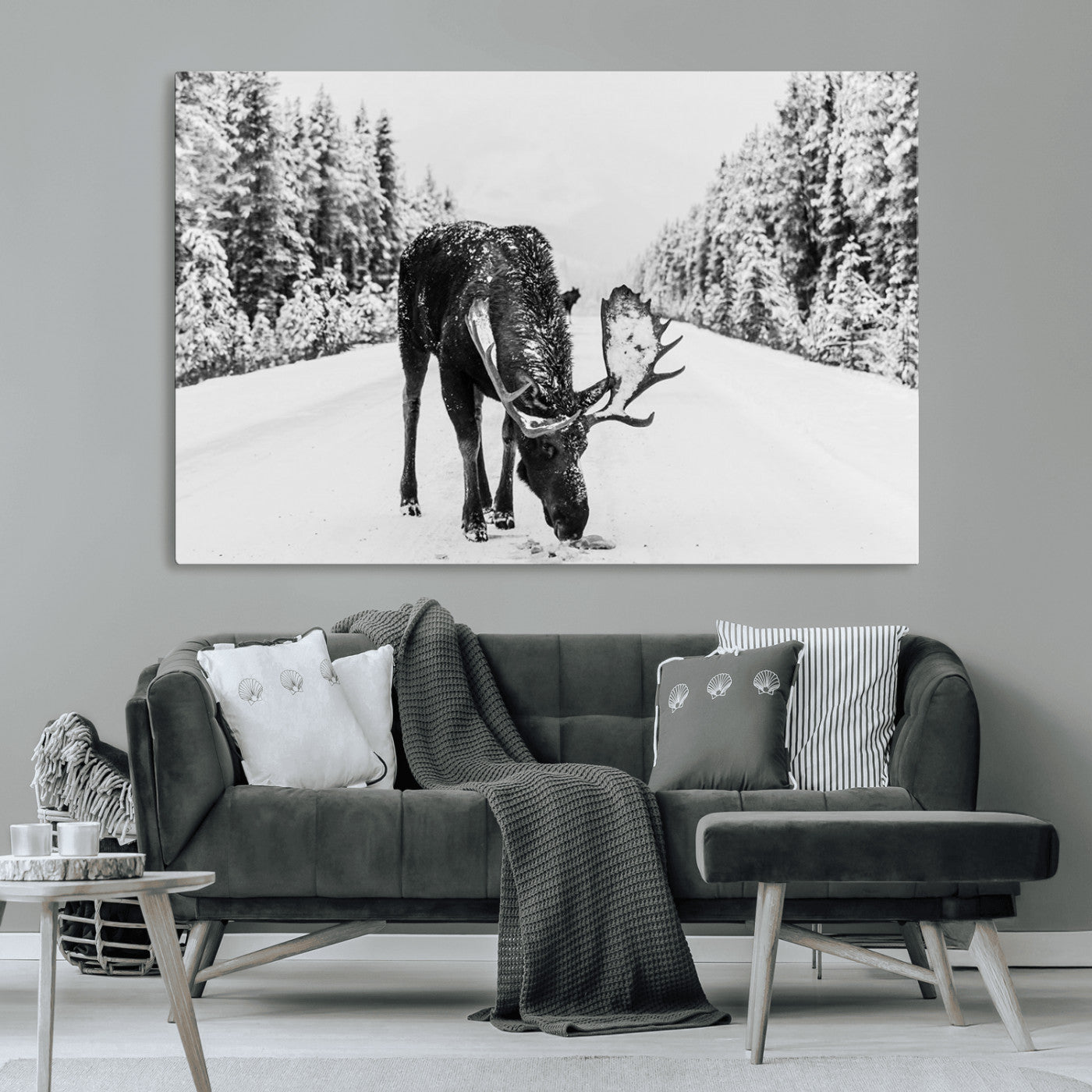 38956835-MGV-CV-36X24-Moose Wall Art – Black and White Wildlife Canvas Print with Snowy Forest Road, Rustic Nature Photography for Cabin, Lodge, Living