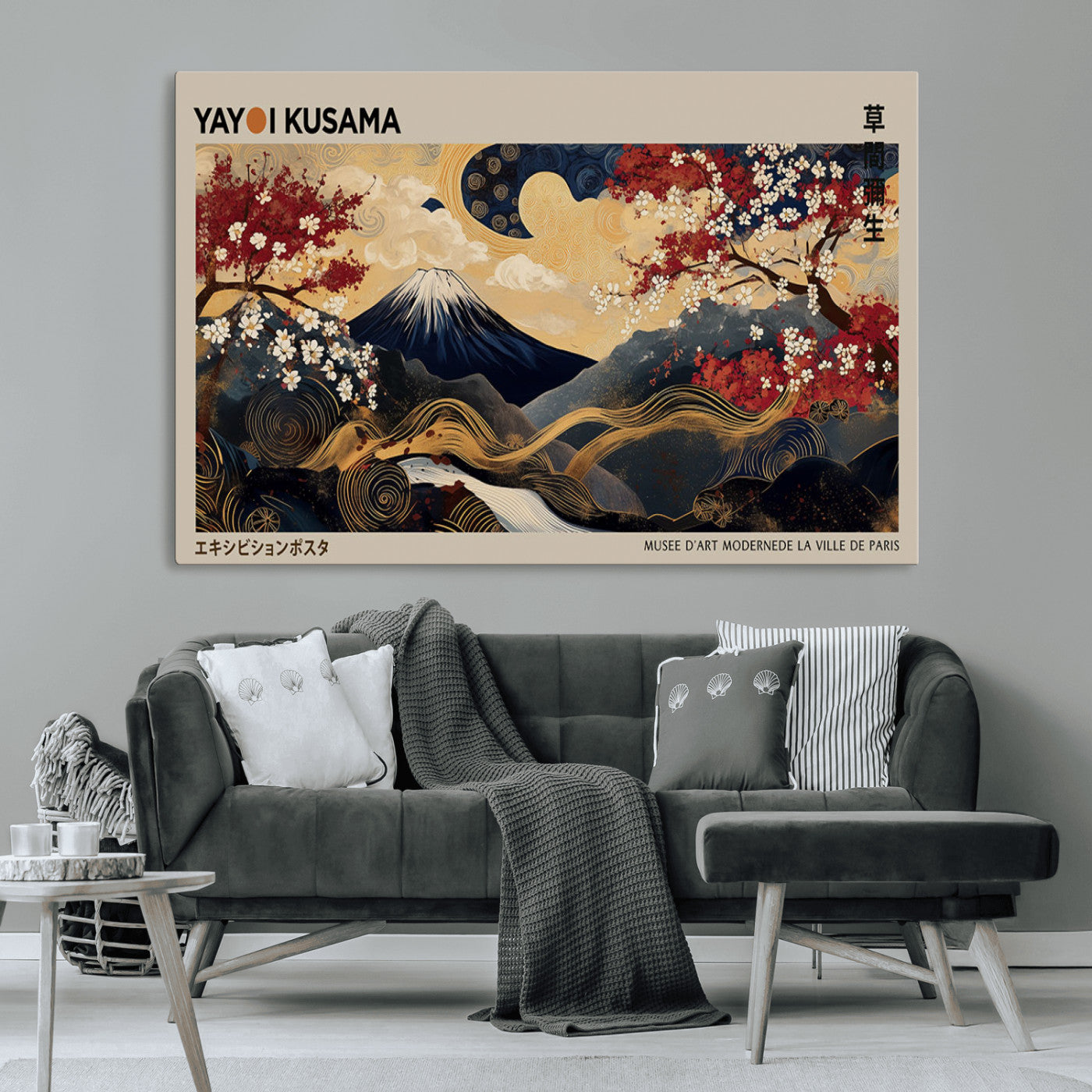 66892669-MGV-CV-36X24-Japanese Landscape Wall Art – Mount Fuji Canvas Print with Cherry Blossoms and Golden Waves, Traditional Asian Inspired Artwork