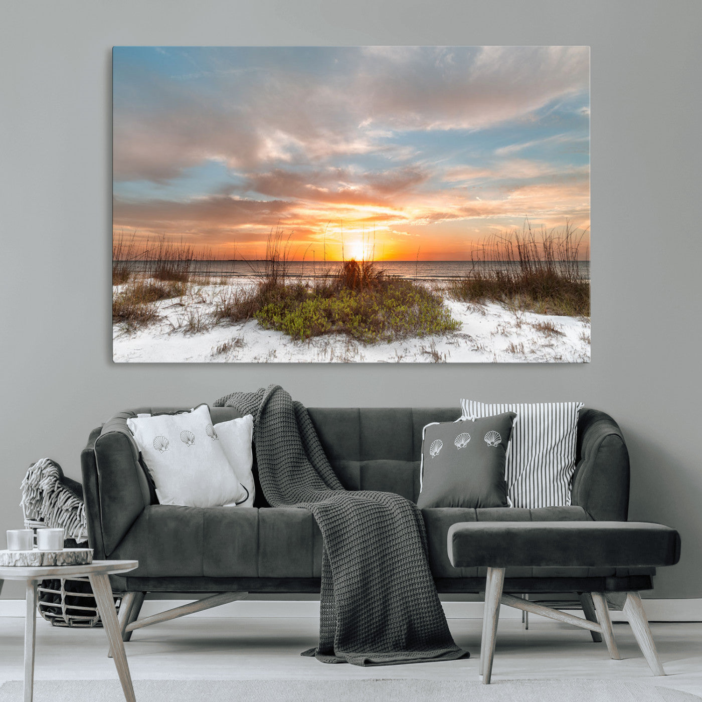 58266230-MGV-CV-36X24-Beach Sunset Wall Art – Coastal Canvas Print with Sandy Dunes, Sea Grass and Golden Sky, Serene Ocean Landscape Photography for