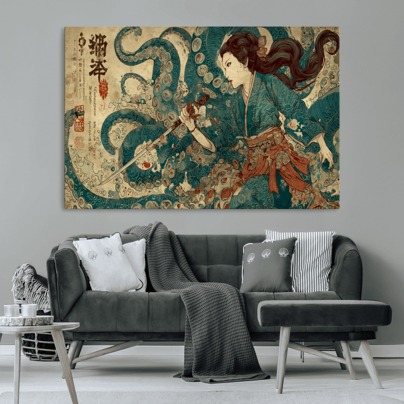 18575670-MGV-CV-36X24-Samurai Woman vs Octopus Wall Art – Japanese Ukiyo-e Ocean Battle Canvas Print, Traditional Warrior Artwork for Living Room,