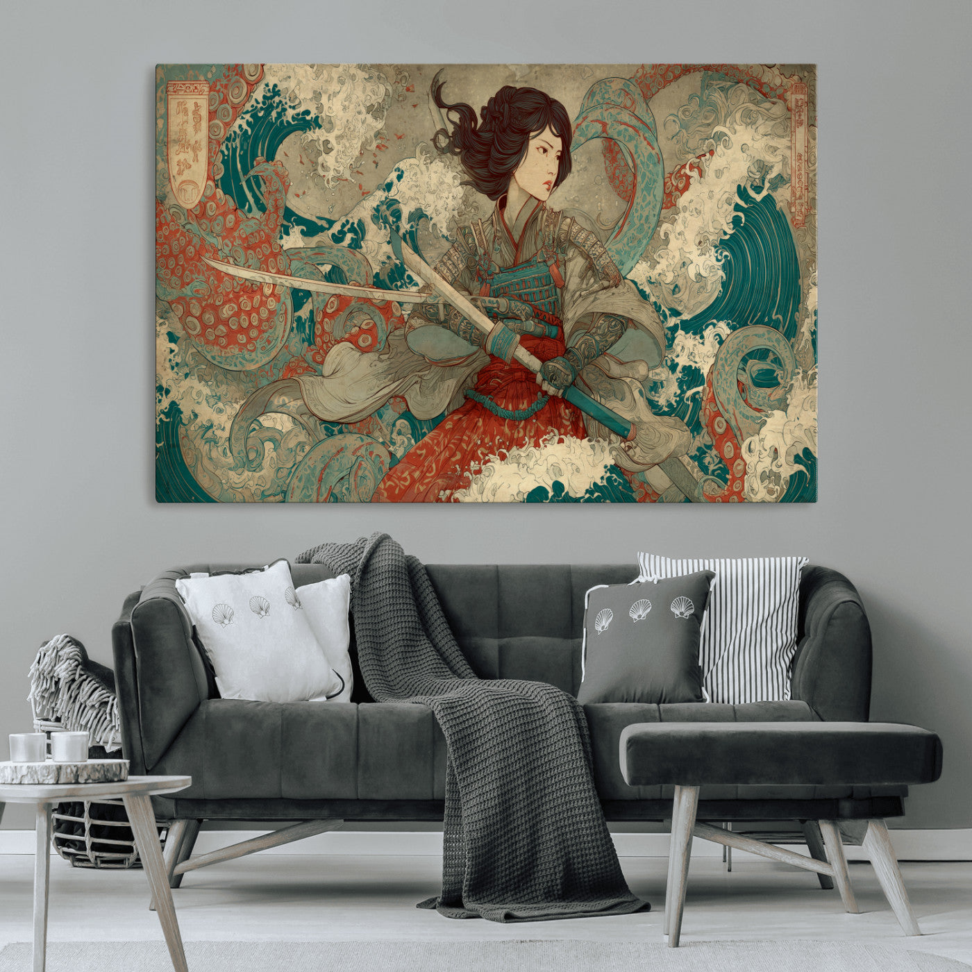 37797255-MGV-CV-36X24-Samurai Woman vs Octopus Wall Art – Japanese Ukiyo-e Red Armor Ocean Battle Canvas Print, Warrior Artwork for Living Room, Office,