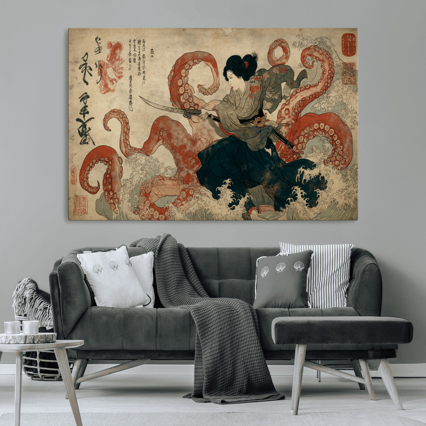 82737246-MGV-CV-36X24-Samurai Woman vs Octopus Wall Art – Japanese Ukiyo-e Dual Sword Canvas Print, Red Tentacle Ocean Battle Artwork for Living Room,