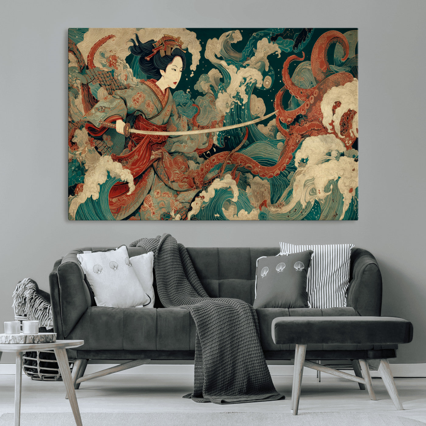 30212982-MGV-CV-36X24-Samurai Woman vs Octopus Wall Art – Japanese Ukiyo-e Style Warrior and Sea Monster Canvas Print, Mythology Inspired Artwork for