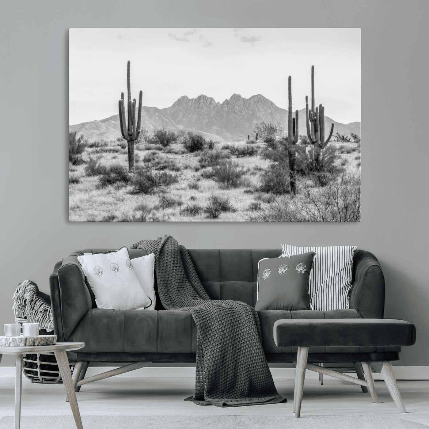 97436PHN-MGV-CV-36X24-Desert Landscape Wall Art – Black and White Cactus and Mountain Canvas Print, Southwestern Nature Photography for Living Room,