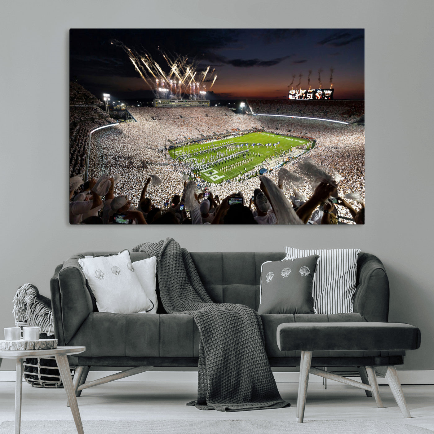 Penn-MGV-CV-36X24-Football Stadium Wall Art – Panoramic Night Game Canvas Print, Packed Crowd with Fireworks, Sports Decor for Office, Man Cave, Bar