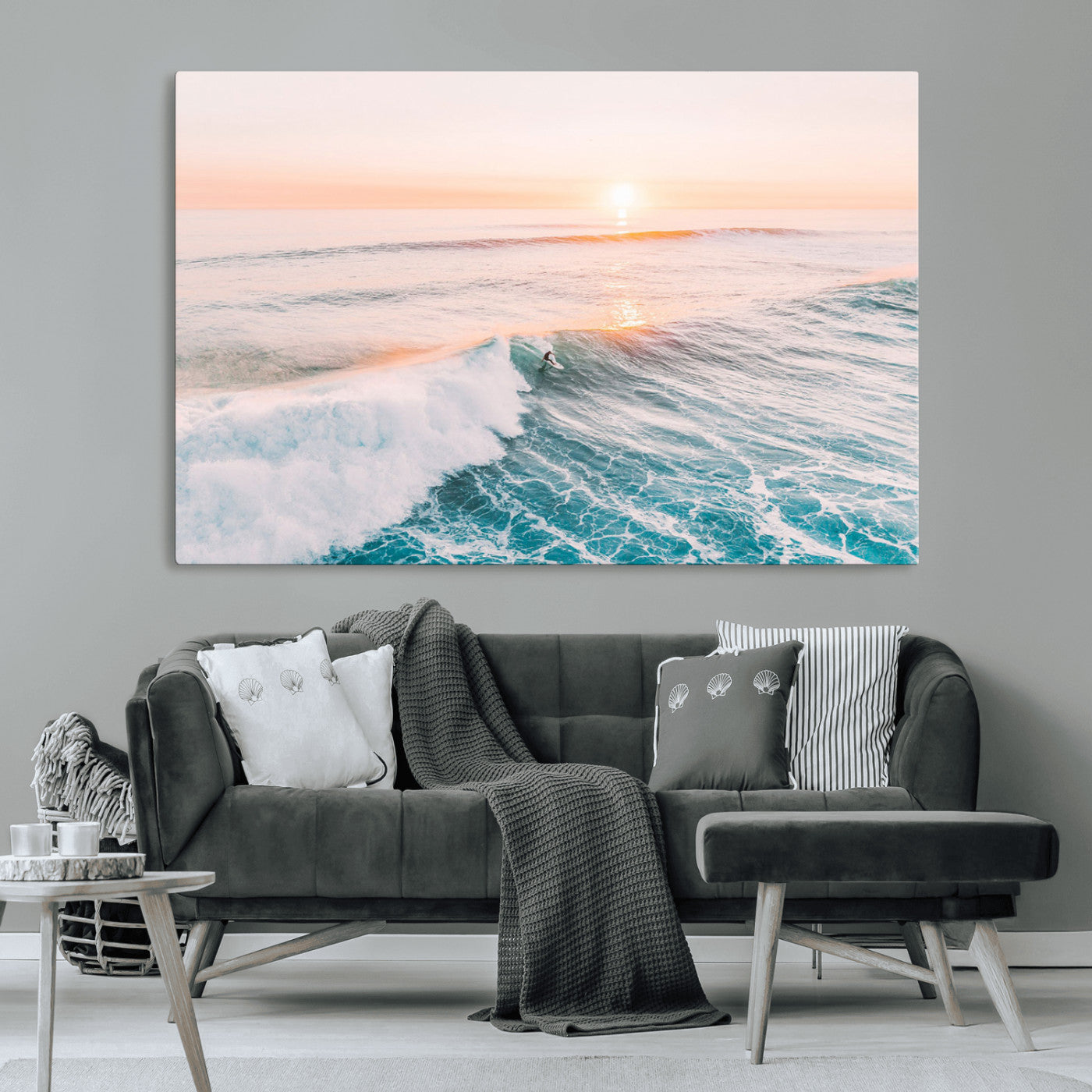 34064591-MGV-CV-36X24-Surfing Wall Art – Sunset Ocean Wave Canvas Print, Surfer Riding Sea Photography Decor for Bedroom, Living Room, Office, Coastal