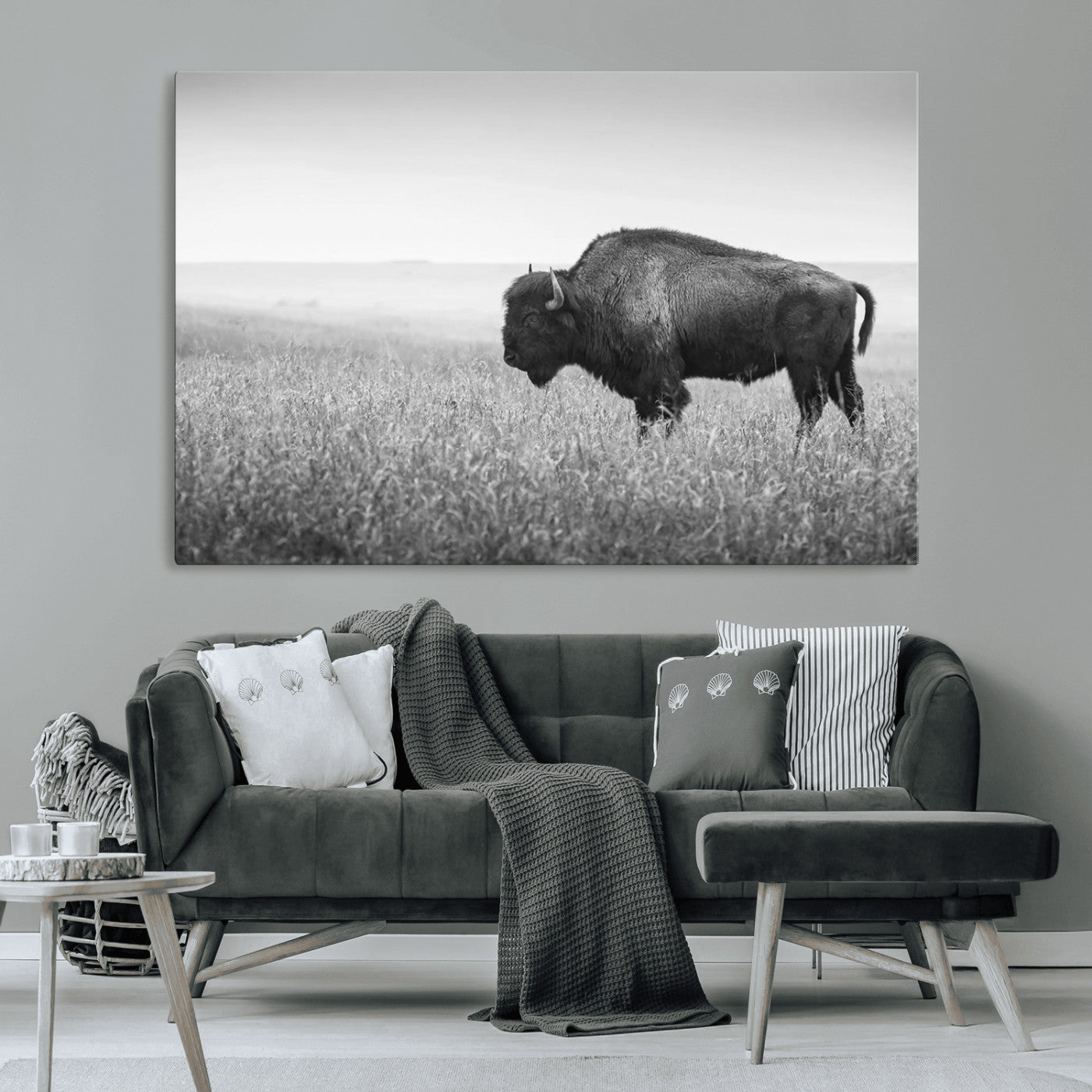 90861202-MGV-CV-36X24-Black and White Bison Canvas Wall Art – Rustic American Buffalo Print, Western Wildlife Photography for Farmhouse, Cabin, Office