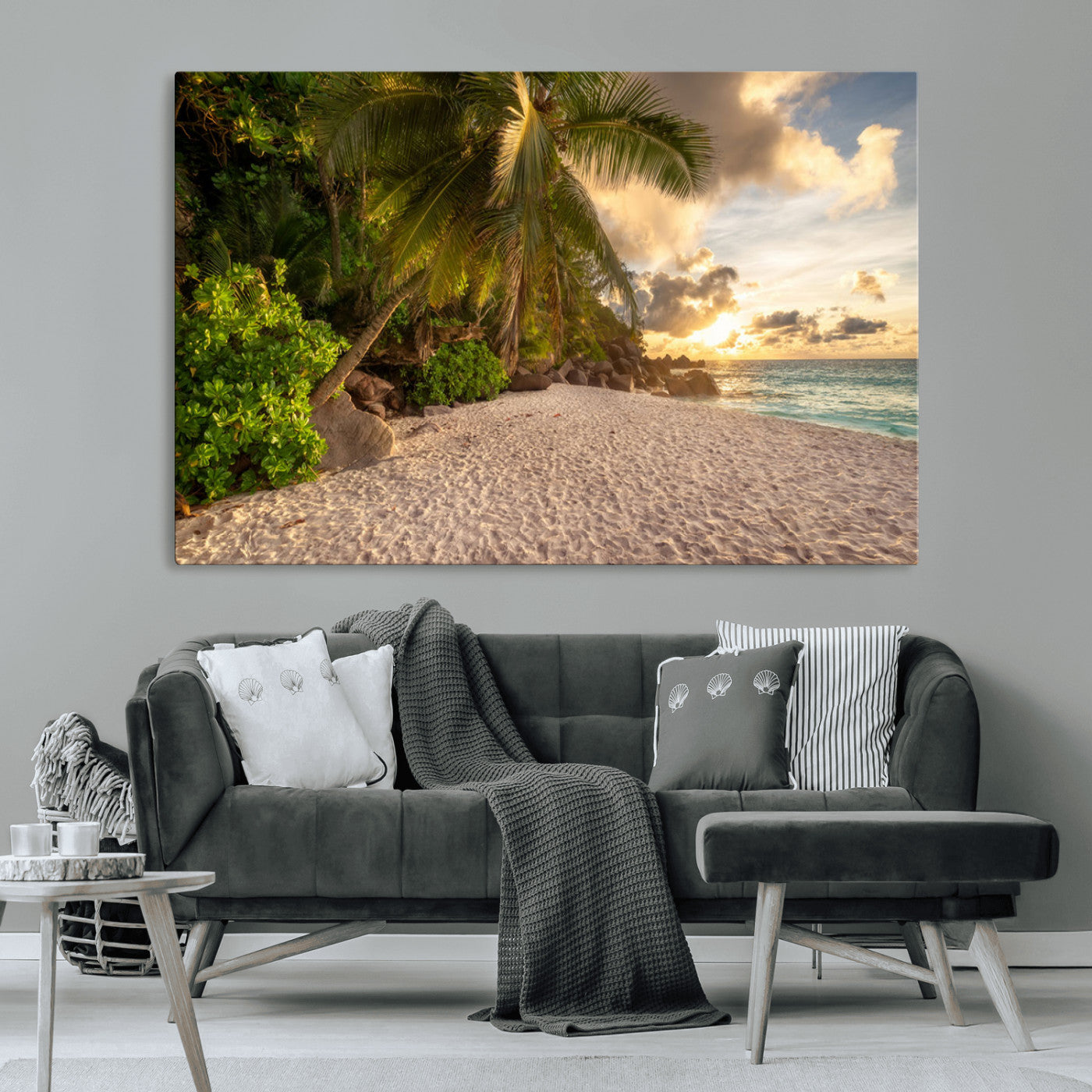 89531159-MGV-CV-36X24-Tropical Beach Sunset Canvas Wall Art – Palm Trees Golden Sand Ocean Waves Coastal Paradise Print for Beach House Bedroom Bathroom