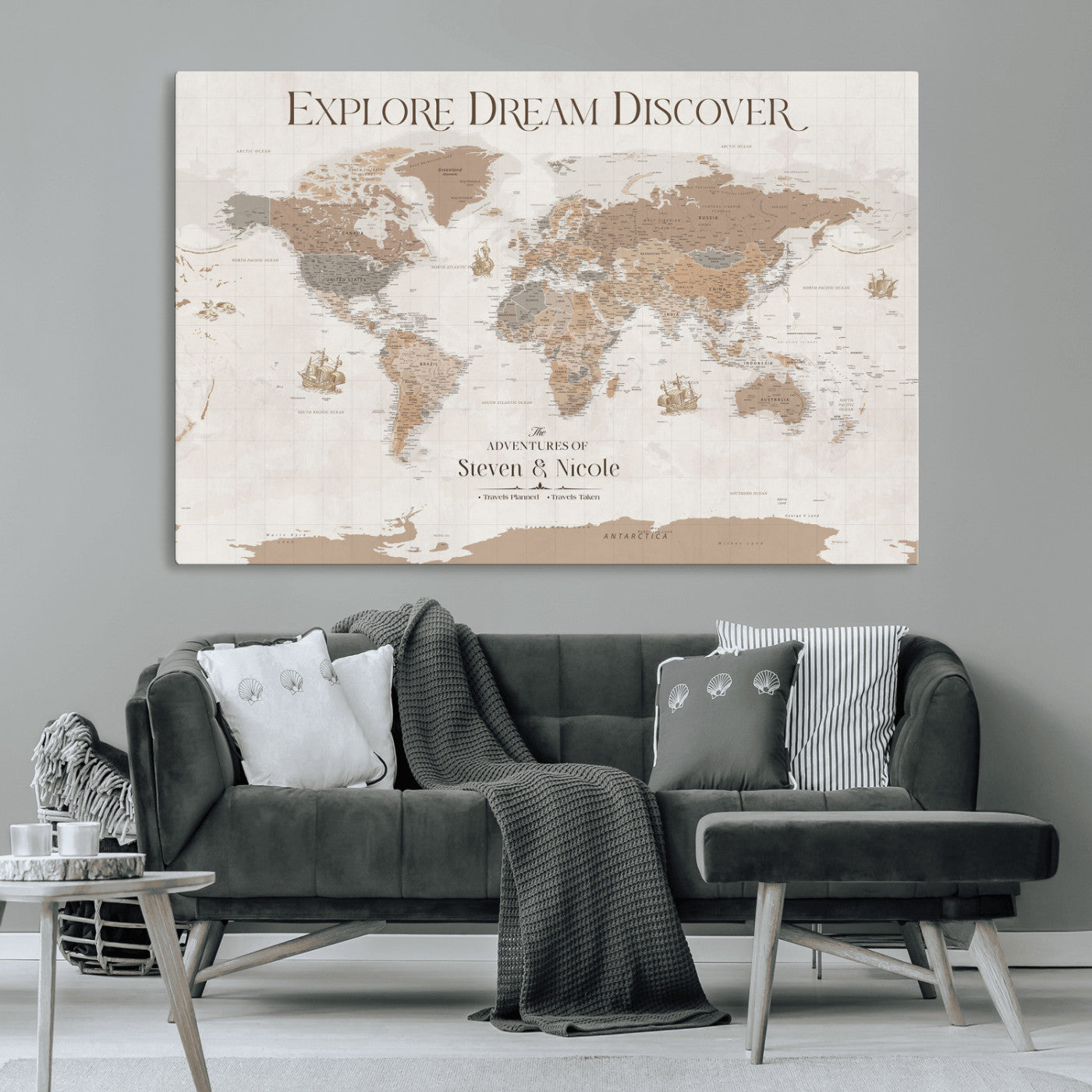 56148717-MGV-CV-36X24-Personalized World Map Wall Art – Neutral Beige & Brown Vintage Adventure Travel Map with Custom Couple Names, Classic Wall Decor