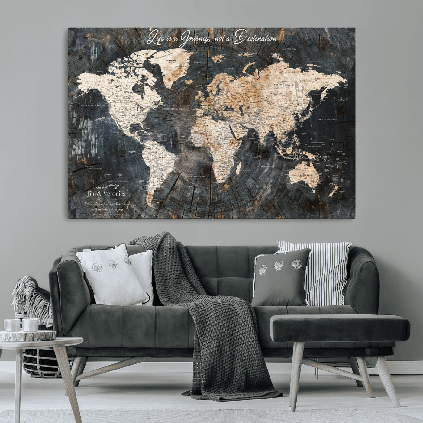 55548943-MGV-CV-36X24-Personalized World Map Wall Art – Rustic Wood Texture Adventure Travel Map with Custom Couple Names, Vintage Dark Wall Decor for