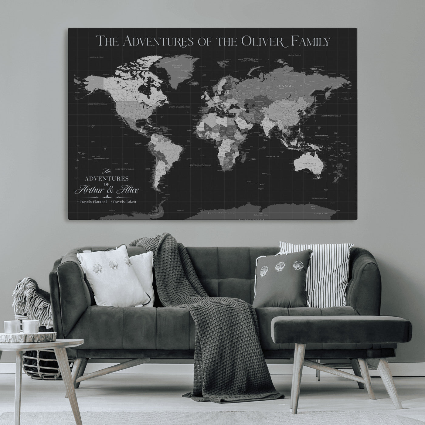 46064114-MGV-CV-36X24-Personalized World Map Wall Art – Black & Grey Adventure Travel Map with Custom Family or Couple Names, Modern Wall Decor for Home