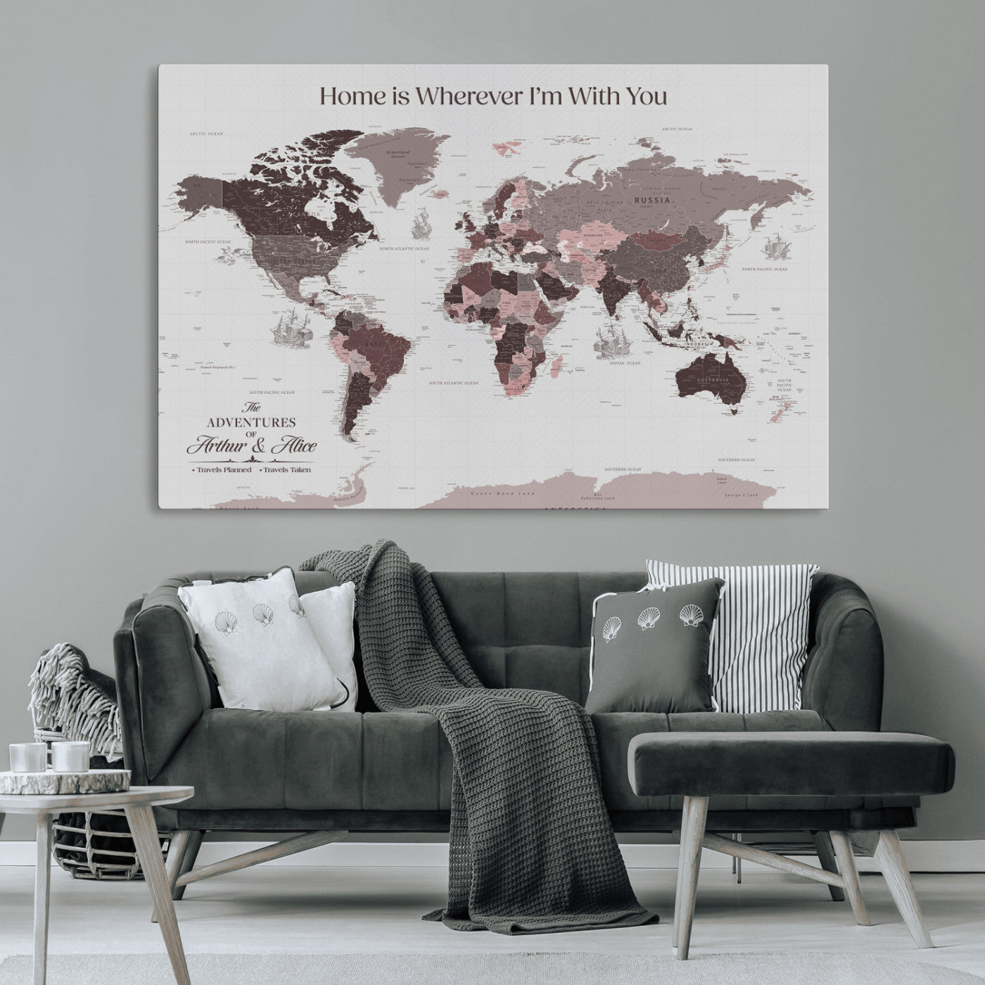 33204797-MGV-CV-36X24-Personalized World Map Wall Art – Burgundy & Grey Adventure Travel Map with Custom Names, Romantic Wall Decor for Couples, Home or
