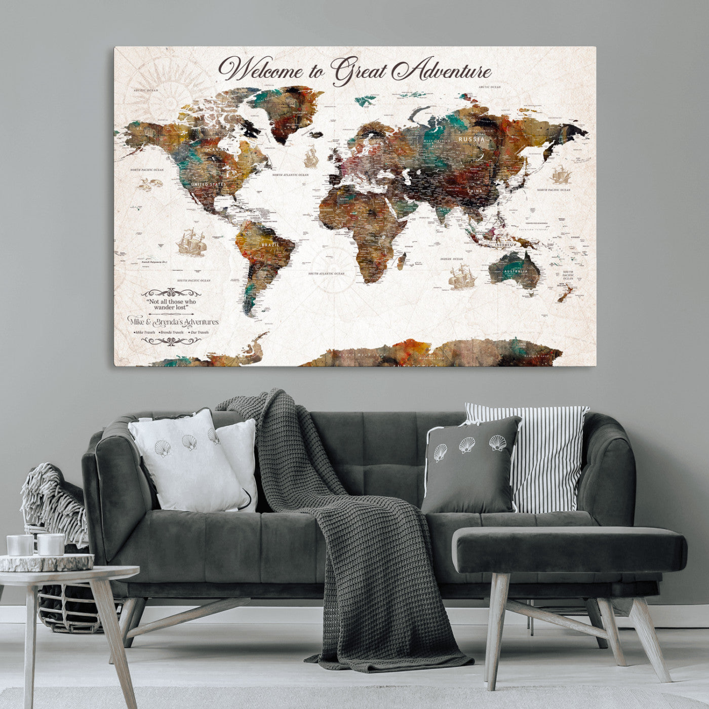67029173-MGV-CV-36X24-Personalized World Map Wall Art – Colorful Vintage Adventure Travel Map with Custom Couple Names, Rustic Wall Decor for Home,