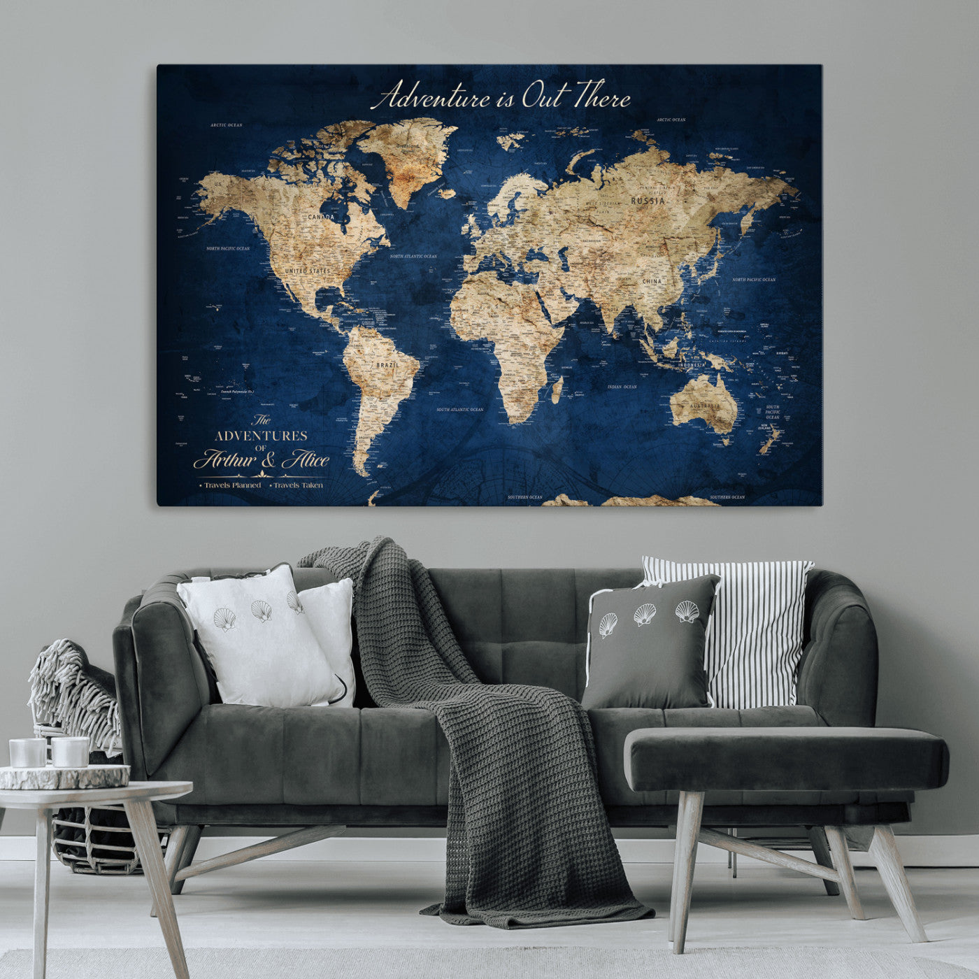 71052542-MGV-CV-36X24-Personalized World Map Wall Art – Rustic Navy Blue Adventure Travel Map with Custom Couple Names, Vintage Wall Decor for Home or
