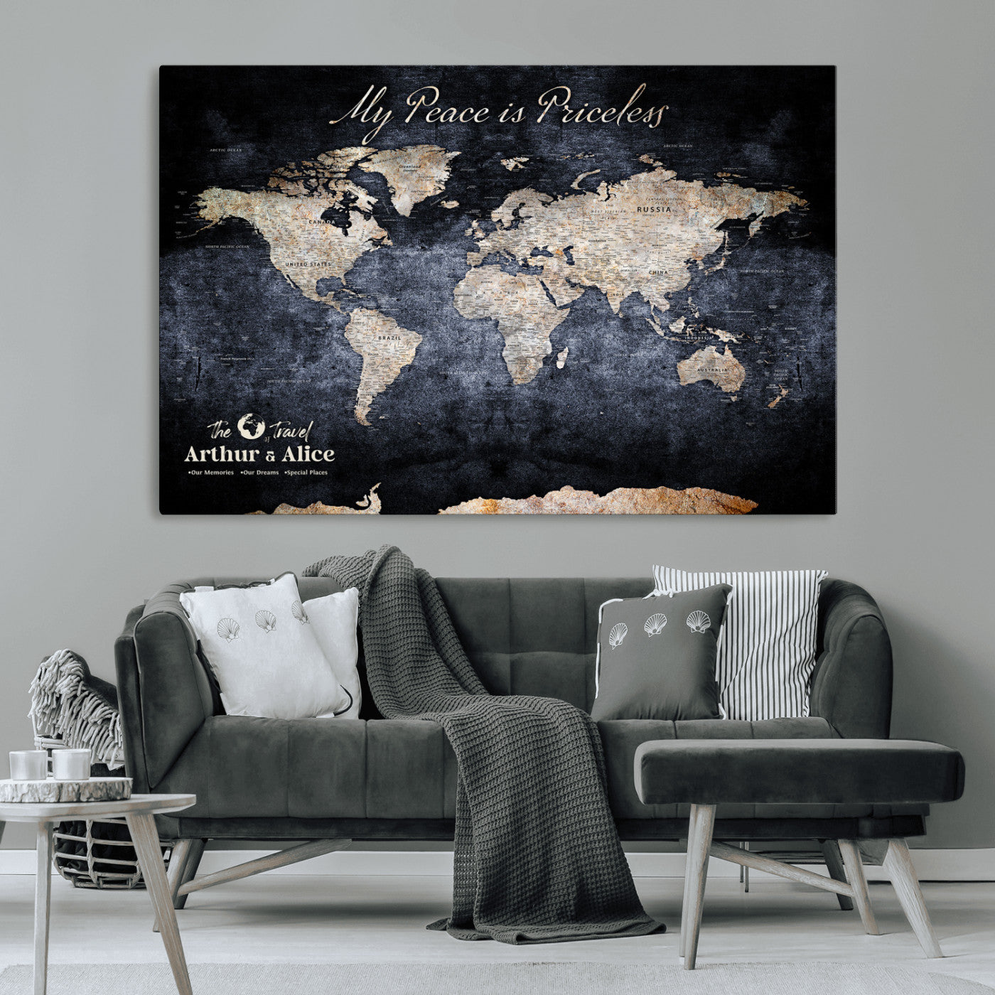 85403043-MGV-CV-36X24-Personalized World Map Wall Art – Dark Blue Rustic Adventure Map with Custom Couple Names, Vintage Wall Decor for Home or Travel