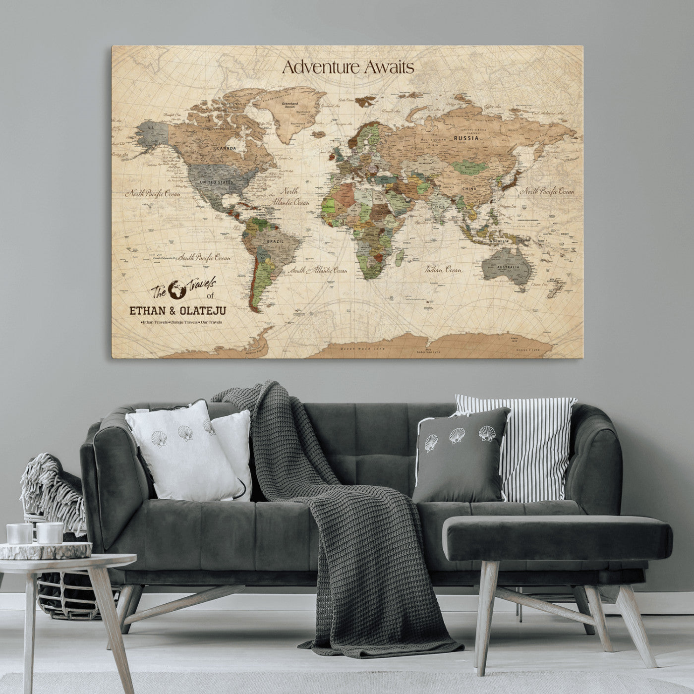 62766900-MGV-CV-36X24-Personalized World Map Wall Art – Antique Parchment Adventure Travel Map with Custom Couple Names, Rustic Wall Decor for Home,