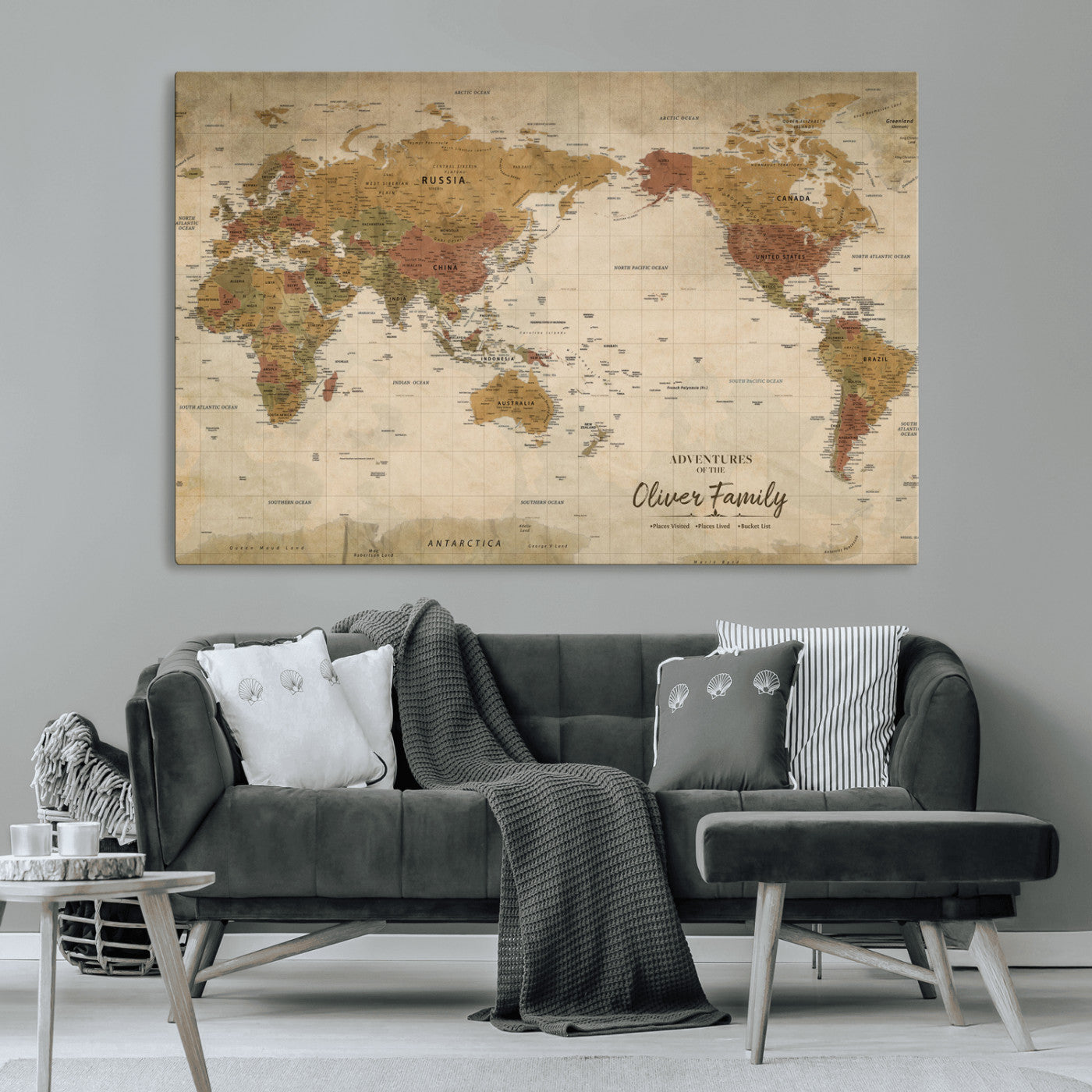 31874045-MGV-CV-36X24-Personalized World Map Wall Art – Vintage Earth Tone Adventure Map with Custom Family Names, Rustic Travel Decor for Home, Couples