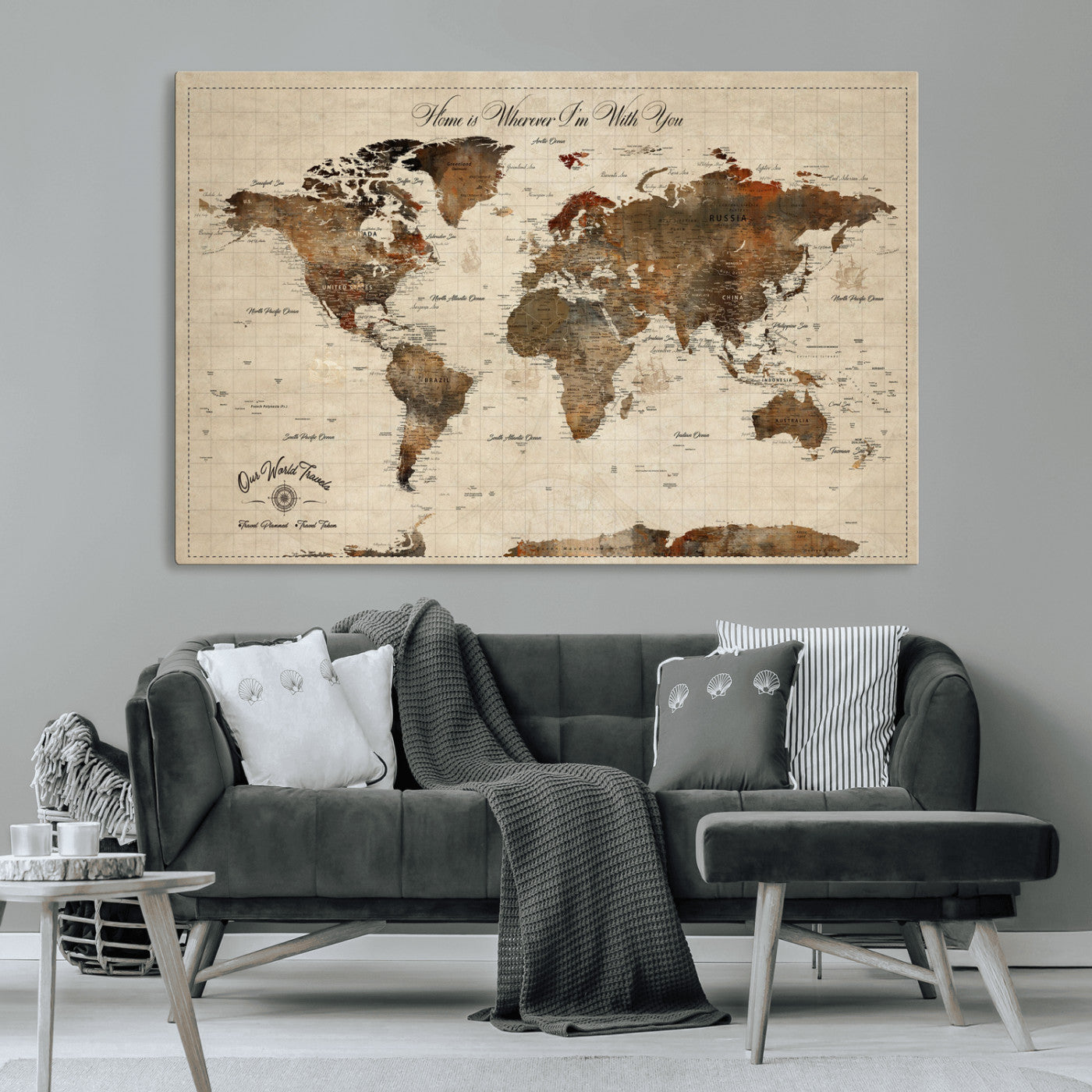 48225643-MGV-CV-36X24-Personalized World Map Wall Art – Rustic Vintage Adventure Travel Map with Custom Couple Names, Romantic Wall Decor for Home or