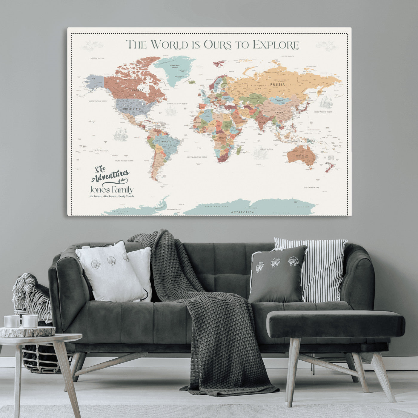 69180591-MGV-CV-36X24-Personalized World Map Wall Art – Rustic Vintage Adventure Travel Map with Custom Family Names, Unique Wall Decor for Couples,