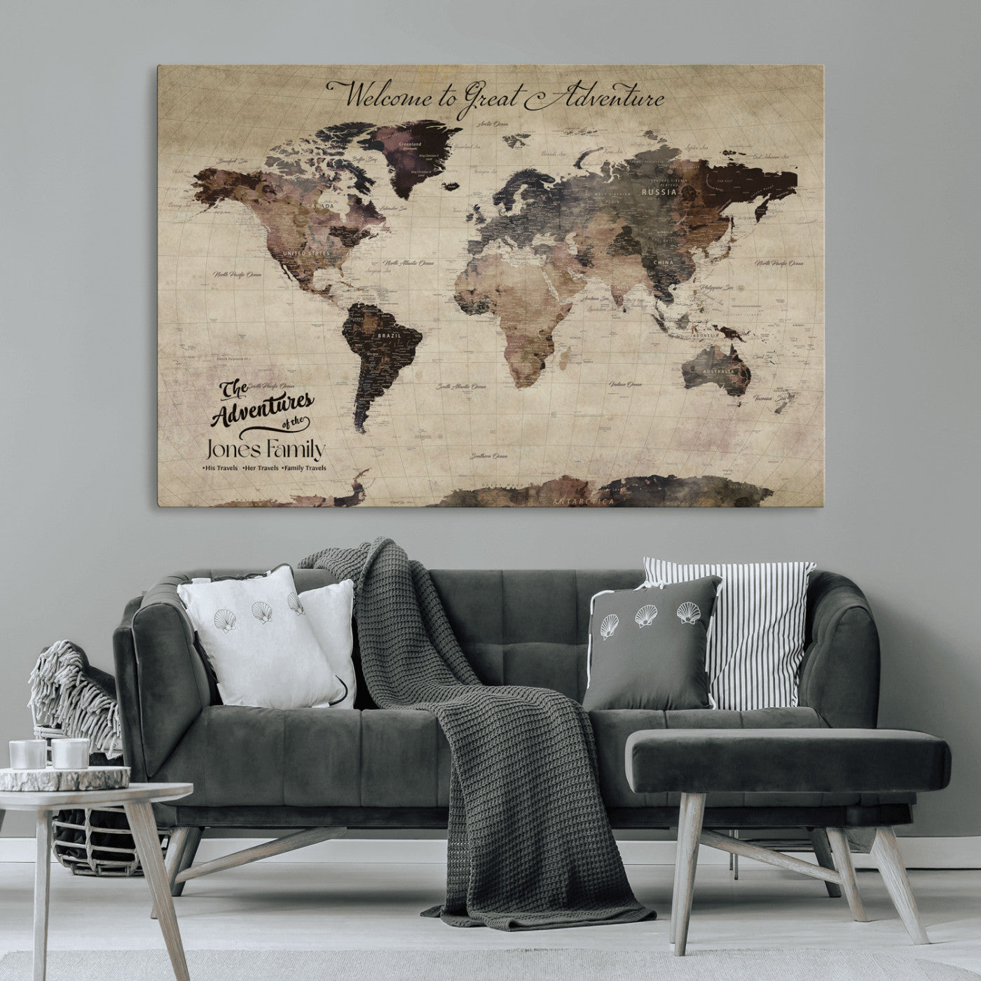 78610079-MGV-CV-36X24-Personalized World Map Wall Art – Vintage Rustic Travel Map with Custom Family Name, Adventure Wall Decor for Home, Family Gift or
