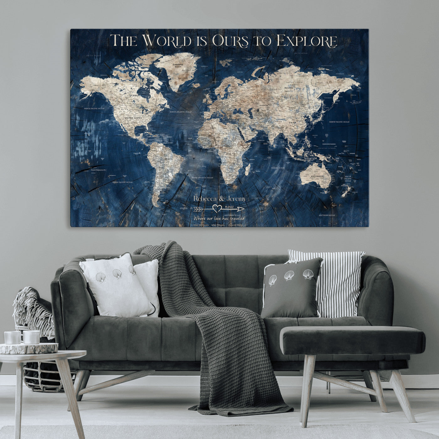 16933330-MGV-CV-36X24-Personalized World Map Wall Art – Navy Blue Vintage Travel Map with Custom Names, Anniversary Gift for Couples Romantic Adventure