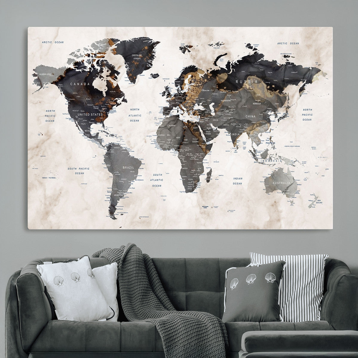 MGV-CV-36X24 - World Map Wall Art Canvas Print, Framed Rustic Map Art Picture Print, Antique Map Perfect Rustic Explorer Decor Artwork