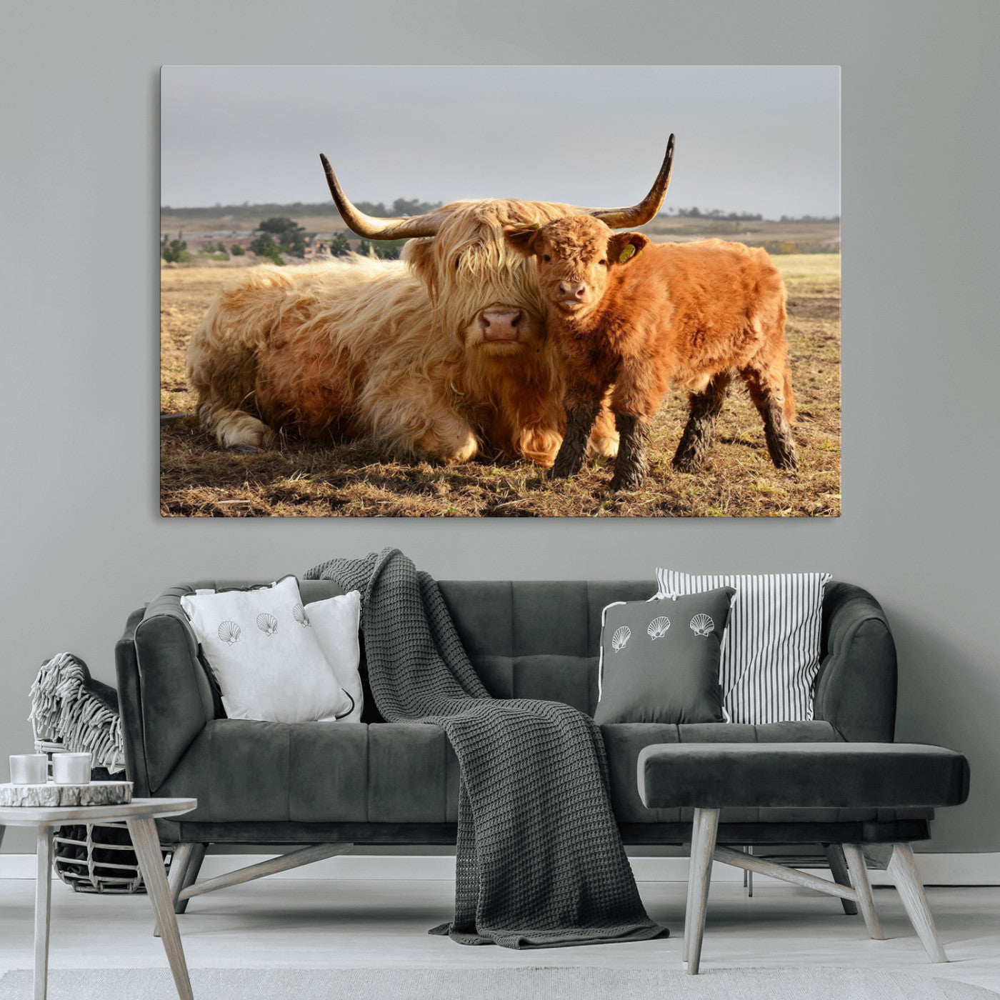 88780-MGV-CV-36X24-Highland Cow Wall Art Canvas Print, Framed Cow Calf Art Picture Print, Scottish Cattle Perfect Rustic Farmhouse Decor Artwork