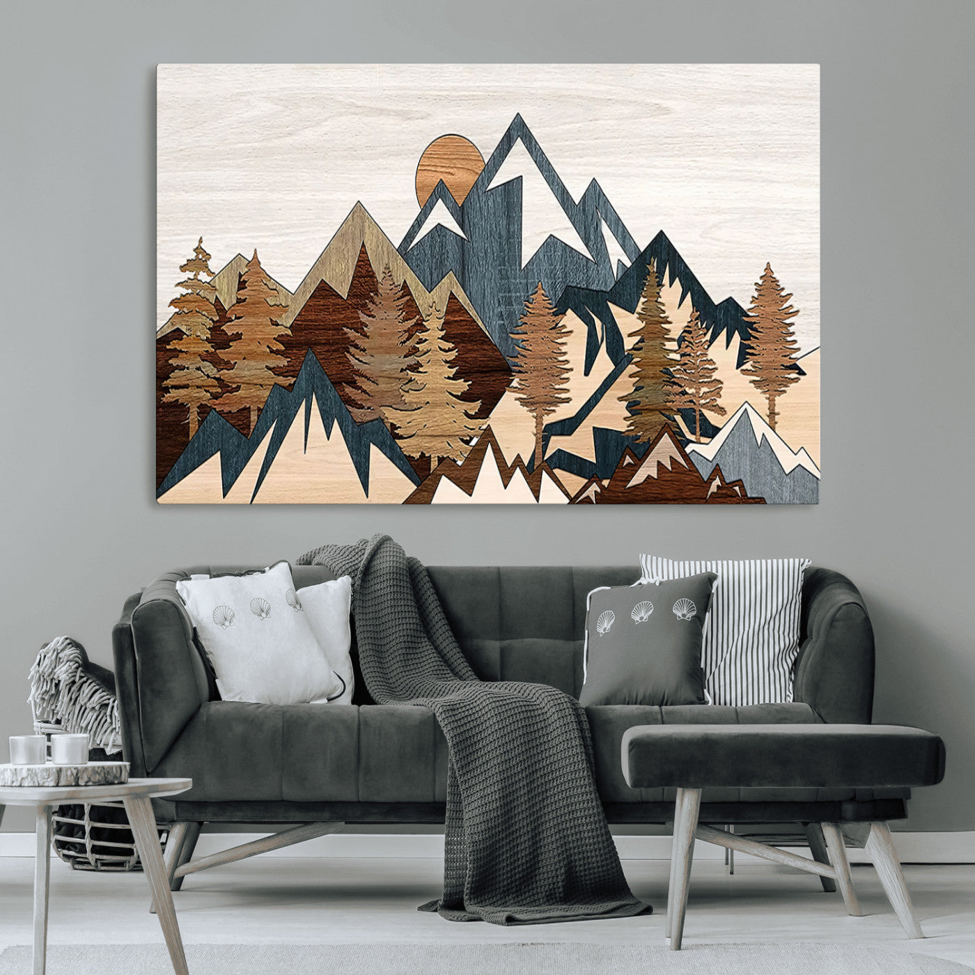 80300-MGV-CV-36X24-Geometric Mountains Wall Art Canvas Print, Framed Stylized Trees Art Picture Print, Graphic Forest Perfect Rustic Abstract Decor