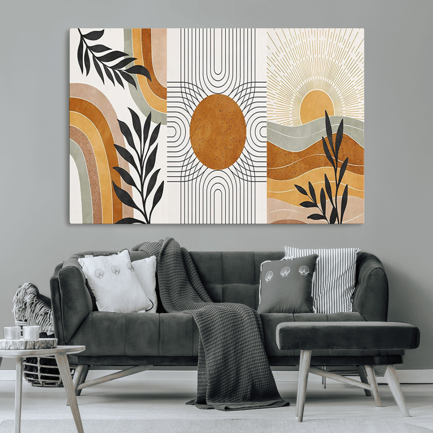32359-MGV-CV-36X24-Modern Sun Wall Art Canvas Print, Framed Retro Horizon Art Picture Print, Sunburst Design Perfect Mid Century Boho Decor Artwork