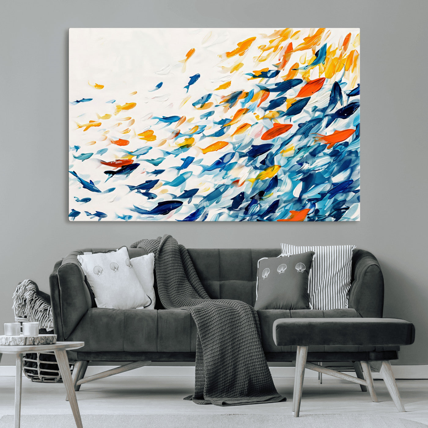 84837-MGV-CV-36X24-Colorful Fish Wall Art Canvas Print, Framed Fish Swarm Art Picture Print, Brushstroke Fish Perfect Modern Coastal Decor Artwork