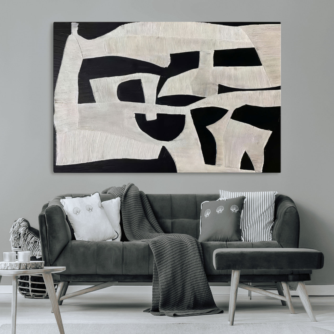 33714-MGV-CV-36X24-Monochrome Design Wall Art Canvas Print, Framed Modern Linework Art Picture Print, Textured Shapes Perfect Monochrome Modern Decor