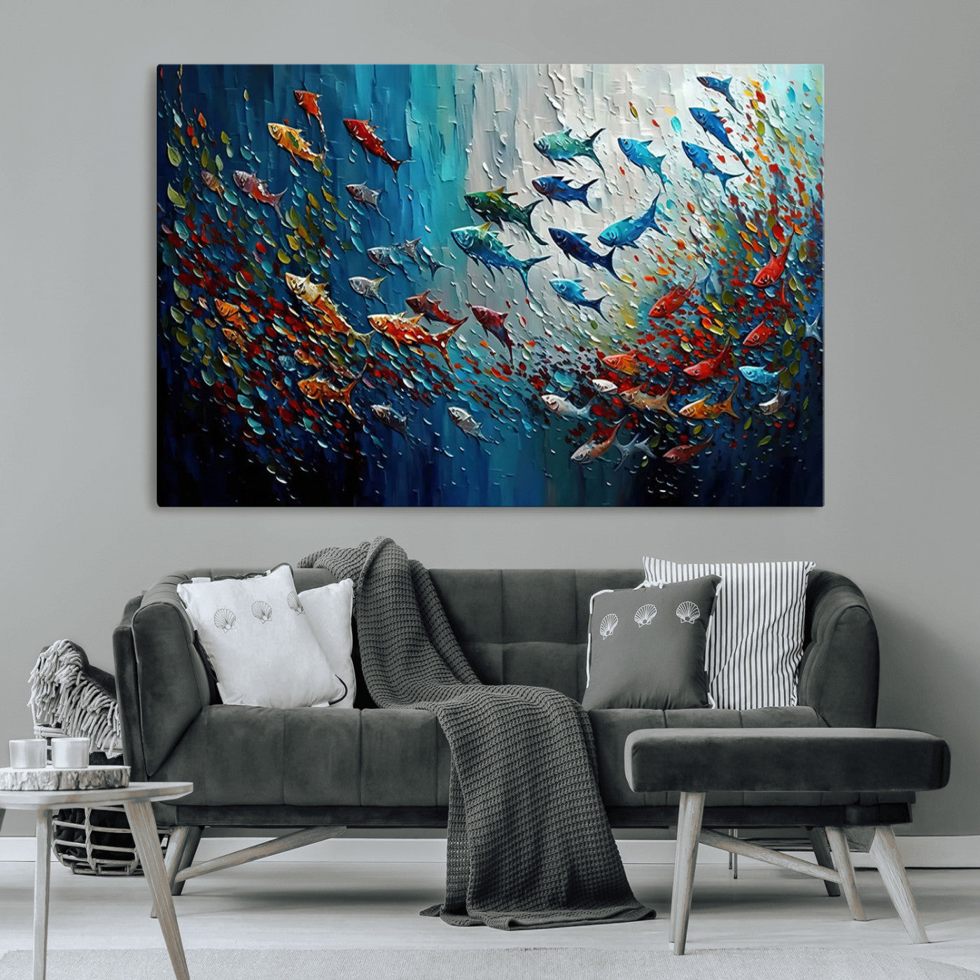 89626-MGV-CV-36X24-Fish Swarm Wall Art Canvas Print, Framed Abstract Ocean Art Picture Print, Underwater Life Perfect Vibrant Coastal Decor Artwork