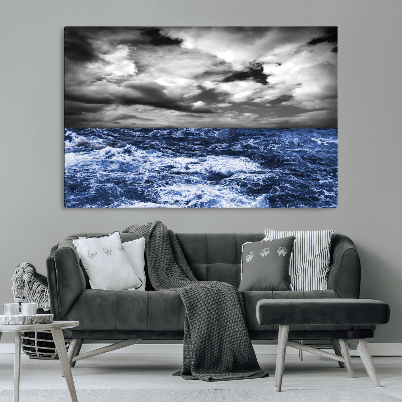 91043-MGV-CV-36X24-Stormy Ocean Wall Art Canvas Print, Framed Moody Seascape Art Picture Print, Monochrome Sea Perfect Coastal Drama Decor Artwork